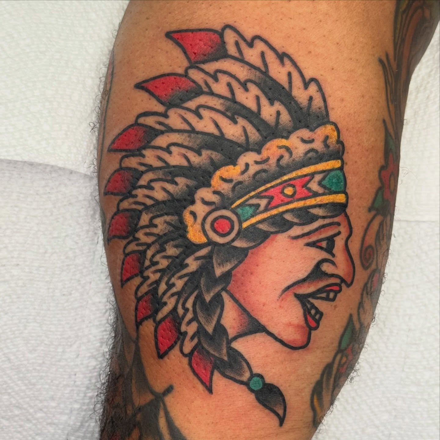 Indian chief American traditional tattoo on the forearm by Kenny Kastro