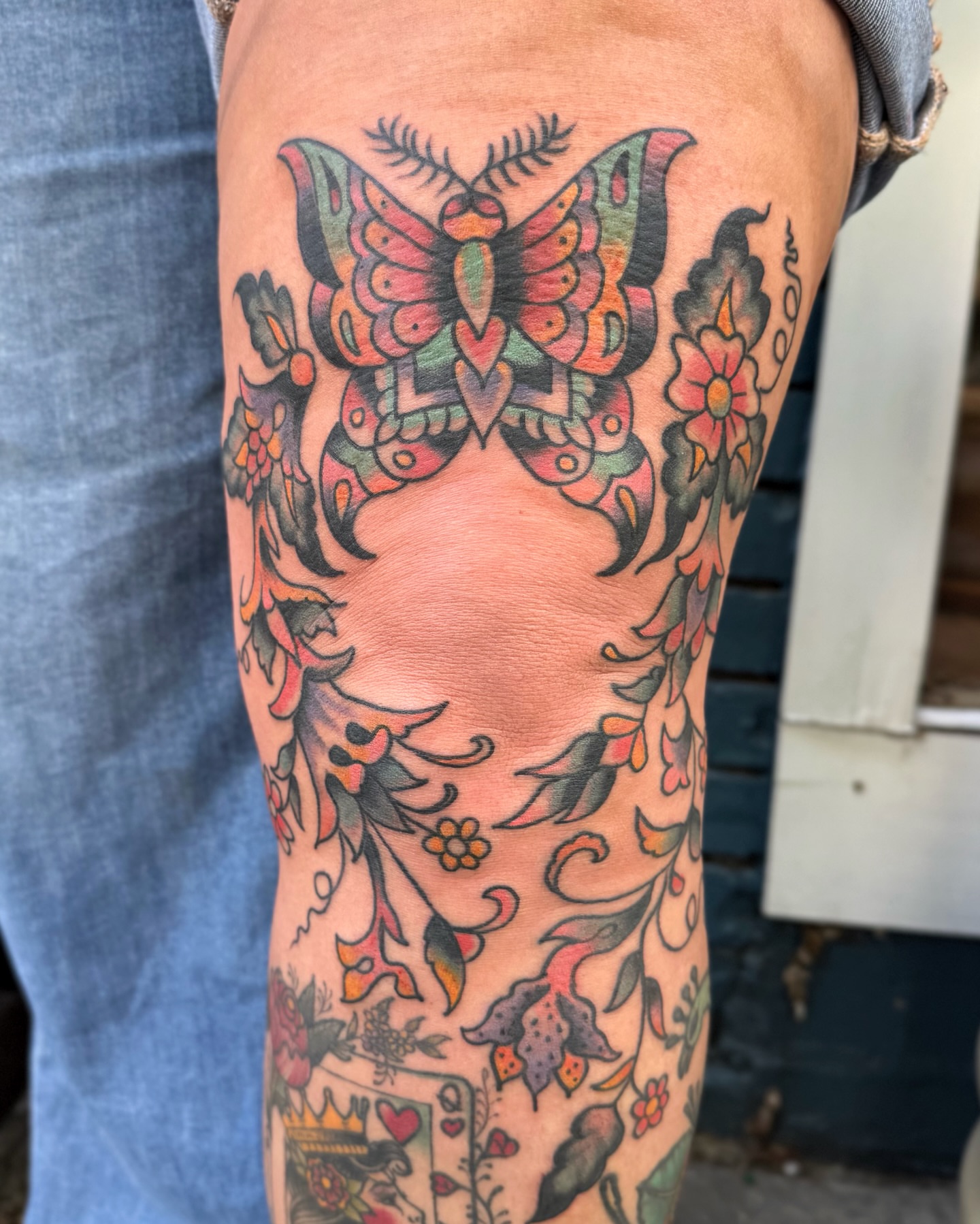 Butterfly and floral American traditional tattoo on the forearm by Joe tatum ~Tattoo~