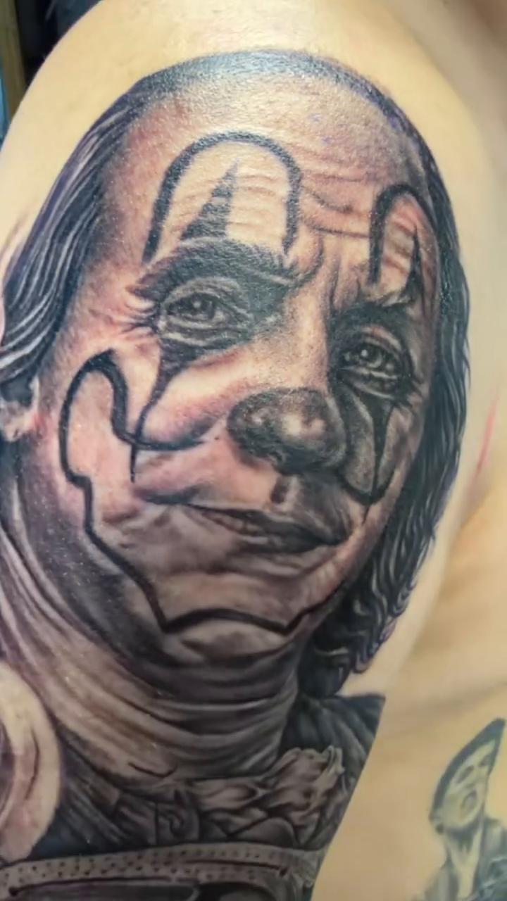 Benjamin Franklin as the Joker realism tattoo by Beto Tats, Round Rock, Texas