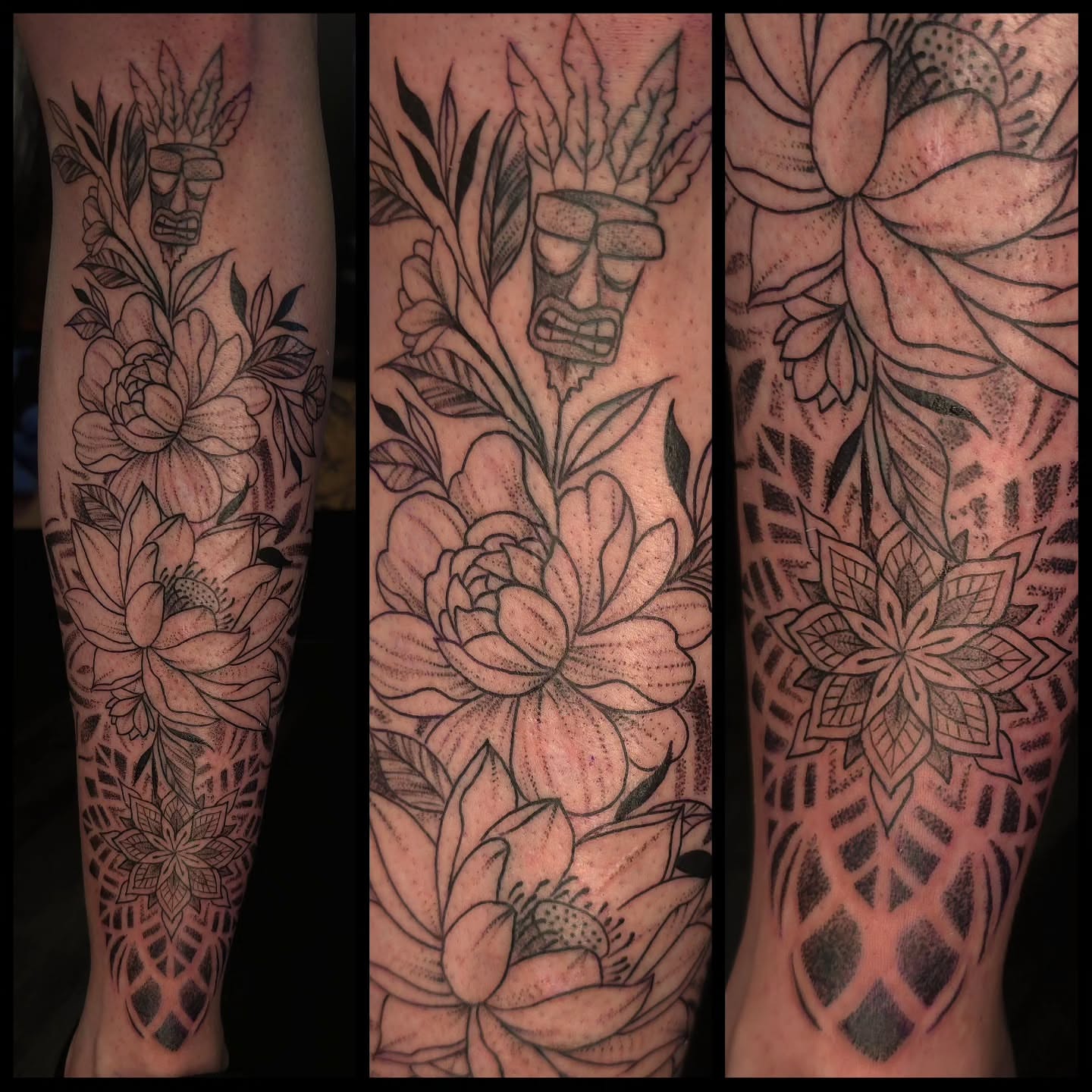 Lotus flowers and mask dotwork tattoo on the forearm by Ian Duncanson