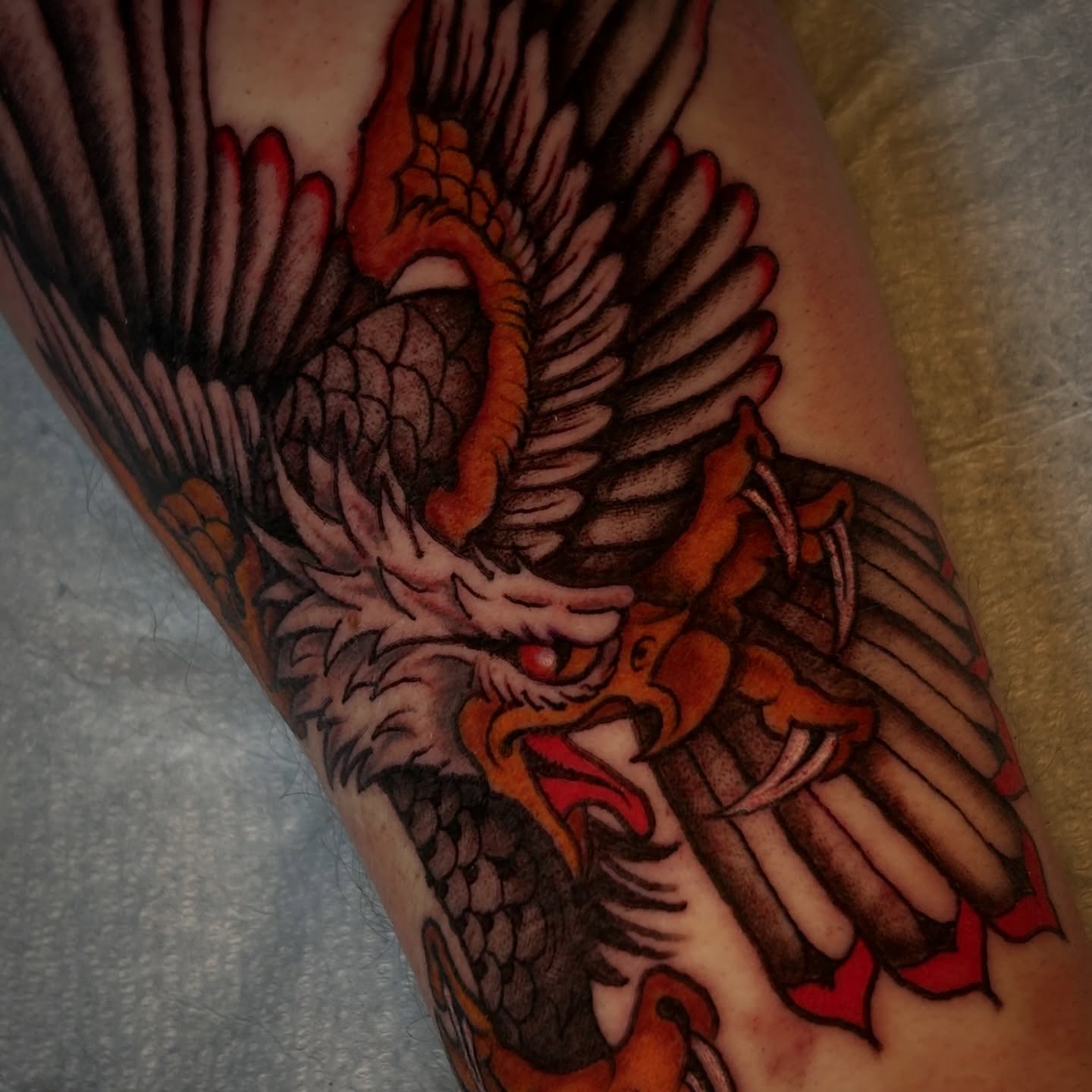 Eagle American traditional tattoo on the forearm by Kat McCoy Guidera, Nashville, Tennessee