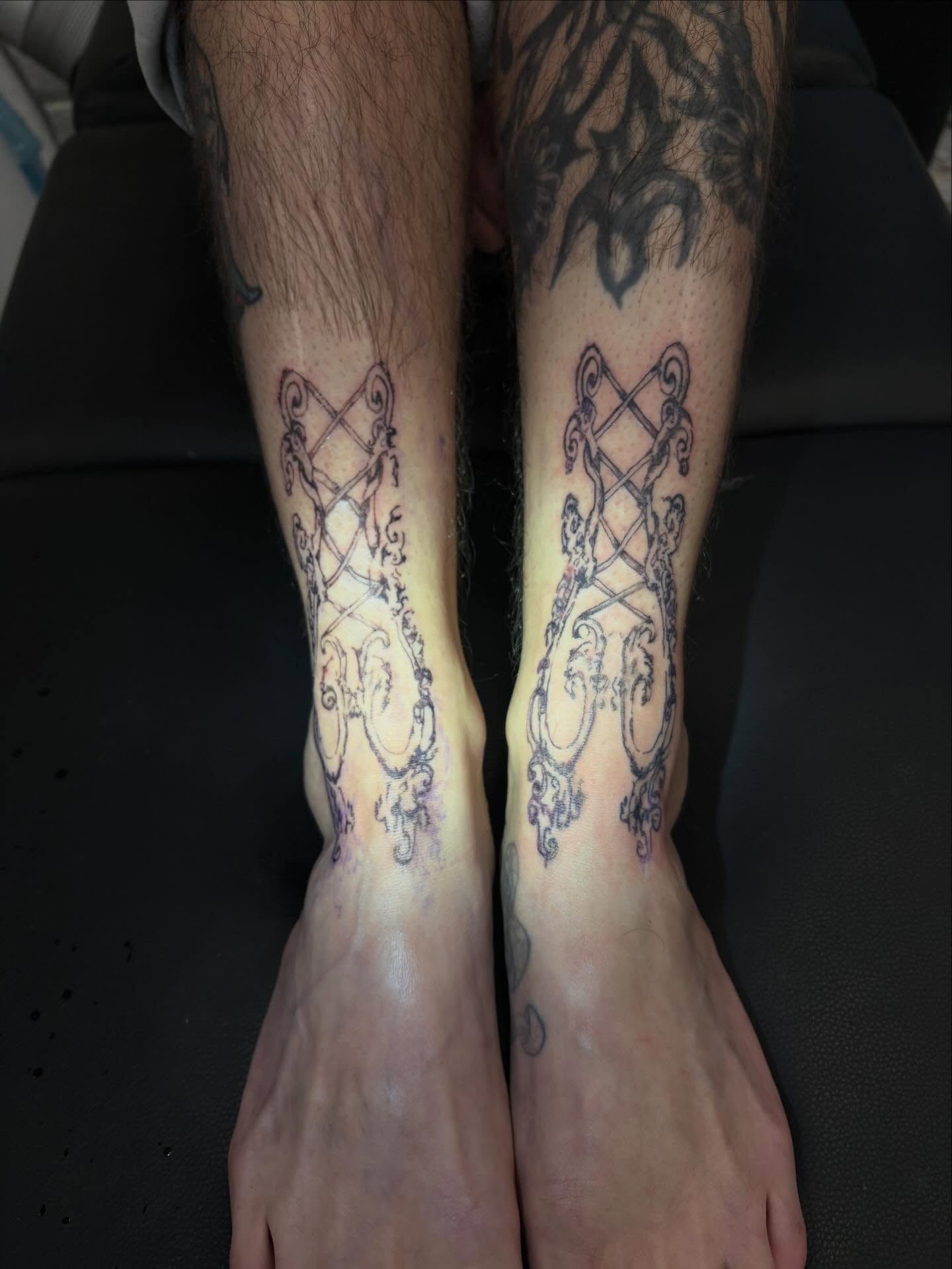 Lace pattern ornamental tattoo on the calf by madeline