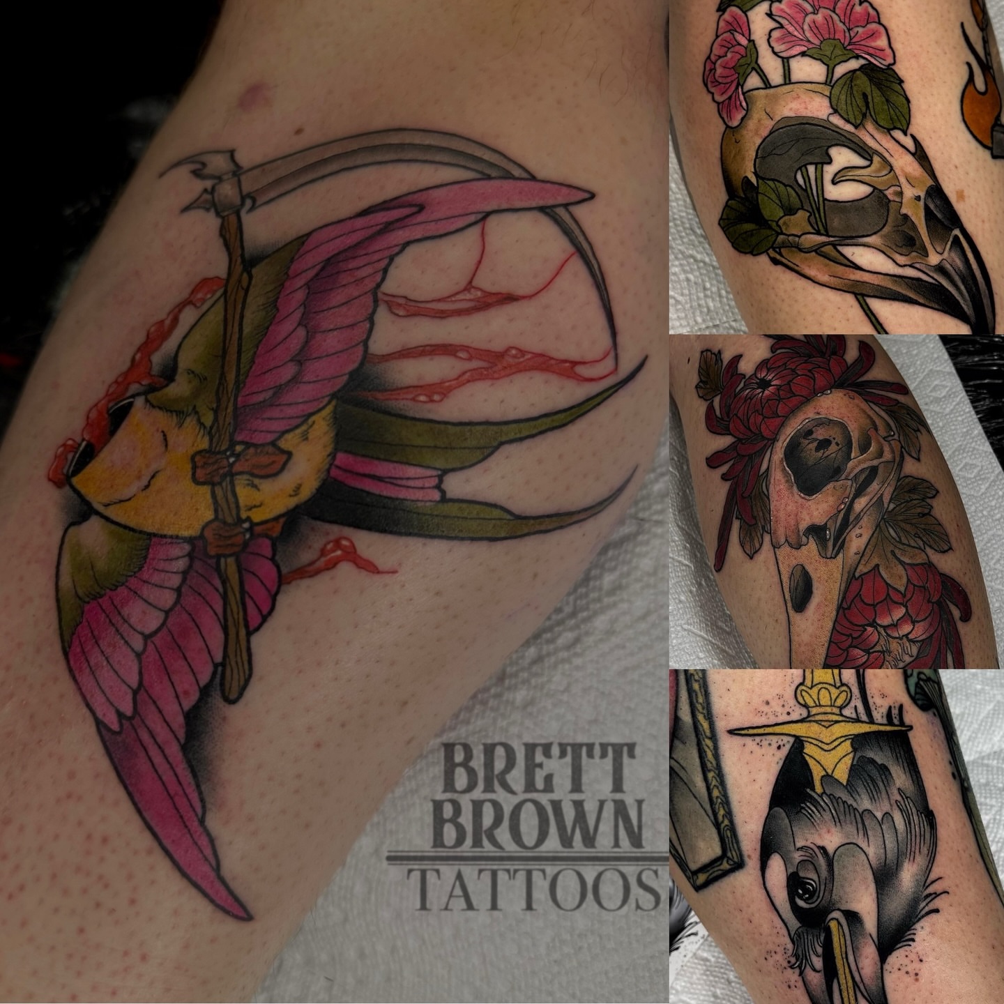 Winged creature with scythe American traditional tattoo on the upper arm by Brett Brown
