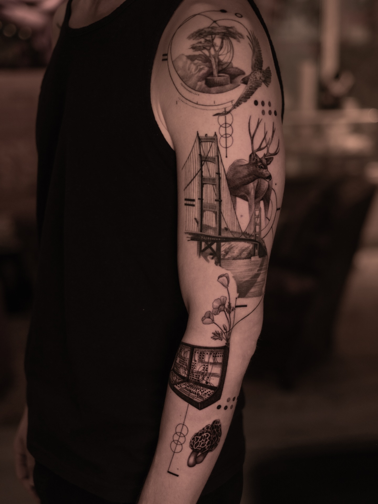 Golden Gate Bridge geometric tattoo on the forearm by Mark D, Los Angeles, California