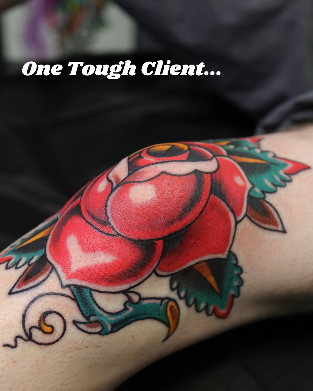 Red rose American traditional tattoo on the forearm by Chris Cockrill