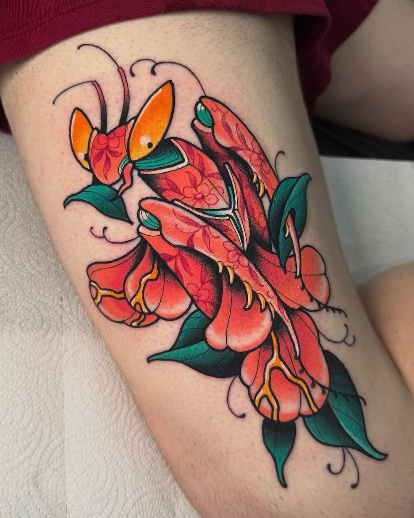 Peony flowers American traditional tattoo on the thigh by Jess Longfield, Des Moines, Iowa
