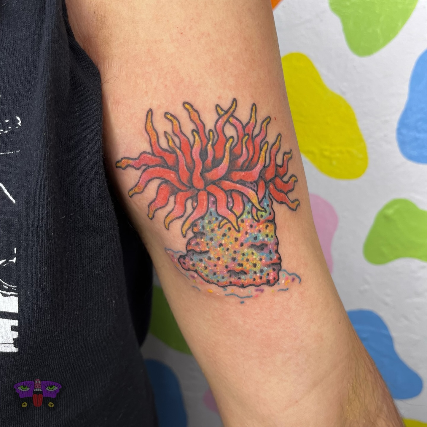 Sunburst skull dotwork tattoo on the forearm by Jess Koala, San Francisco, California