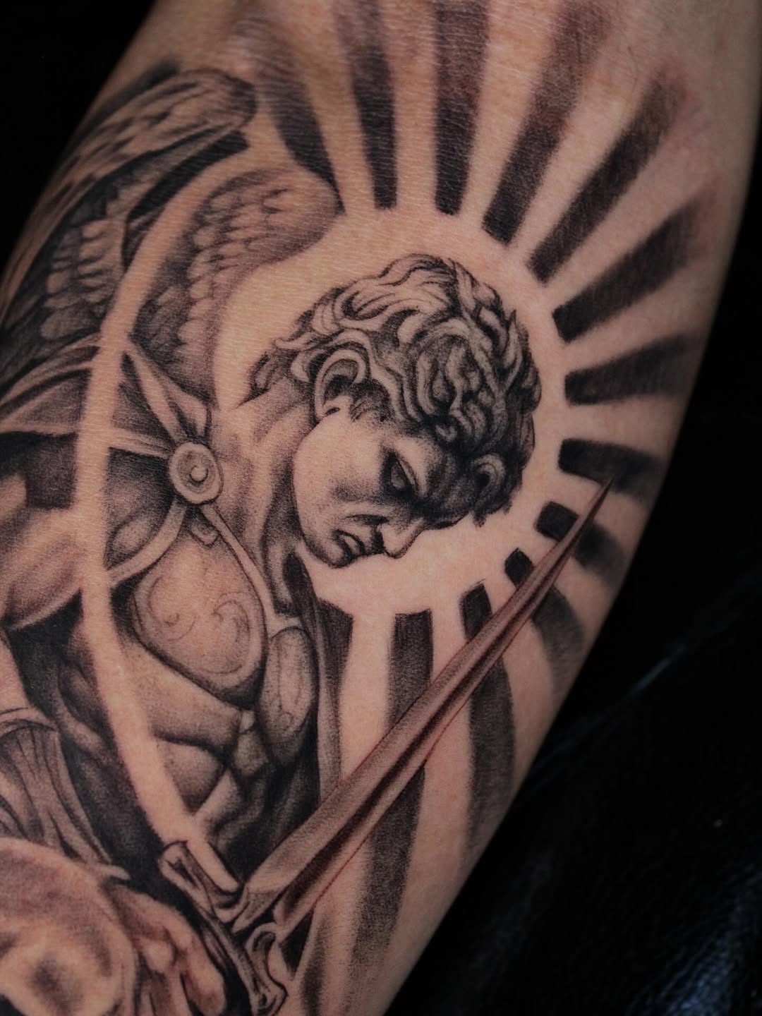 Angel with sword realism tattoo on the forearm by 𝕵𝖎𝖒𝖎 𝕯𝖊𝕽𝖔𝖘𝖆🥀, Everett, Washington
