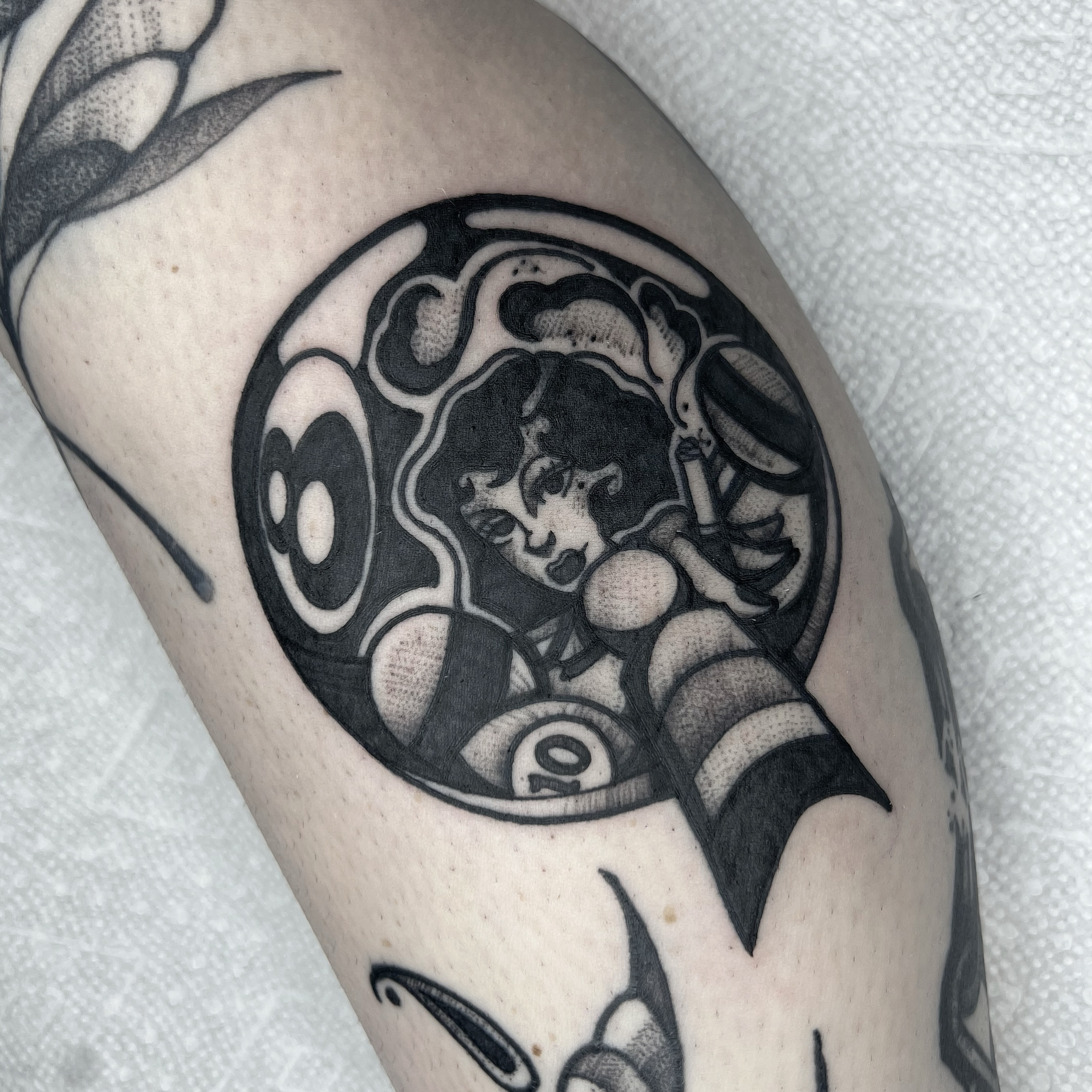 Woman with billiards balls dotwork tattoo on the forearm by 𝑴𝑬𝑮𝑨𝑵 𝑪𝑳𝑰𝑭𝑻𝑶𝑵, Cincinnati, Ohio