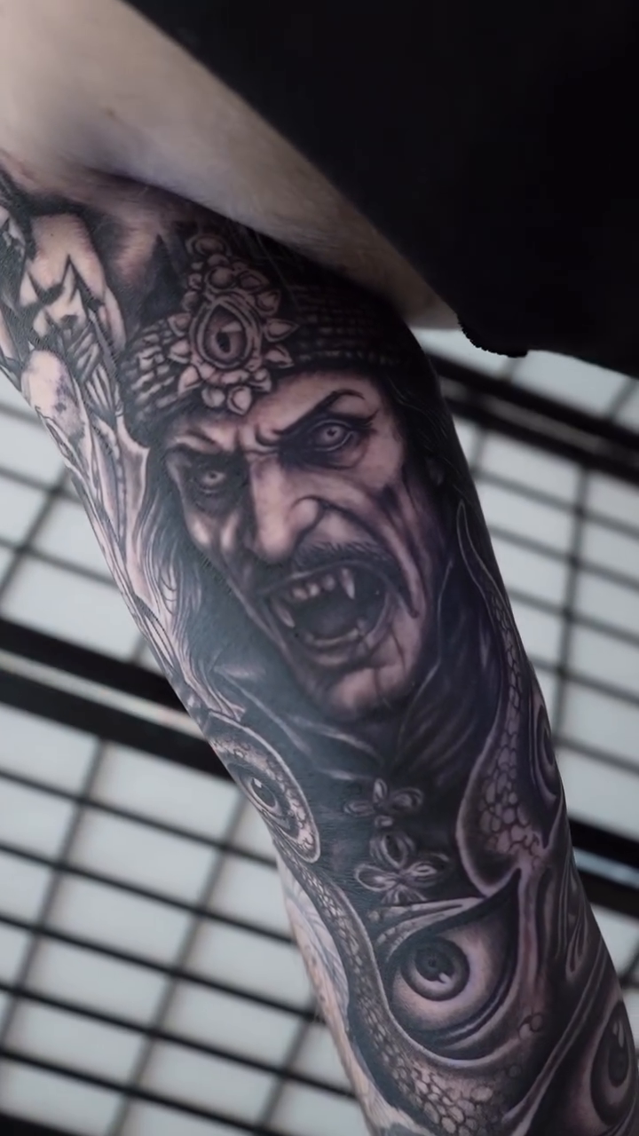 Tattoo by @nickbridwelltattoo — dark_realism, black_and_grey