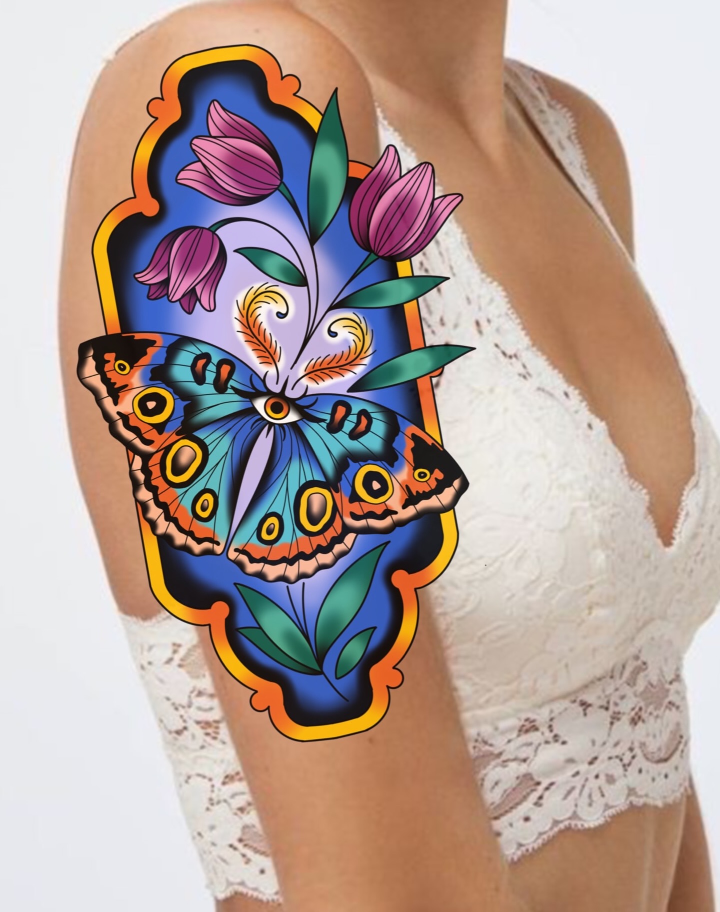 Butterfly and flowers American traditional tattoo on the upper arm by Cincinnati Tattoo Artist, Cincinnati