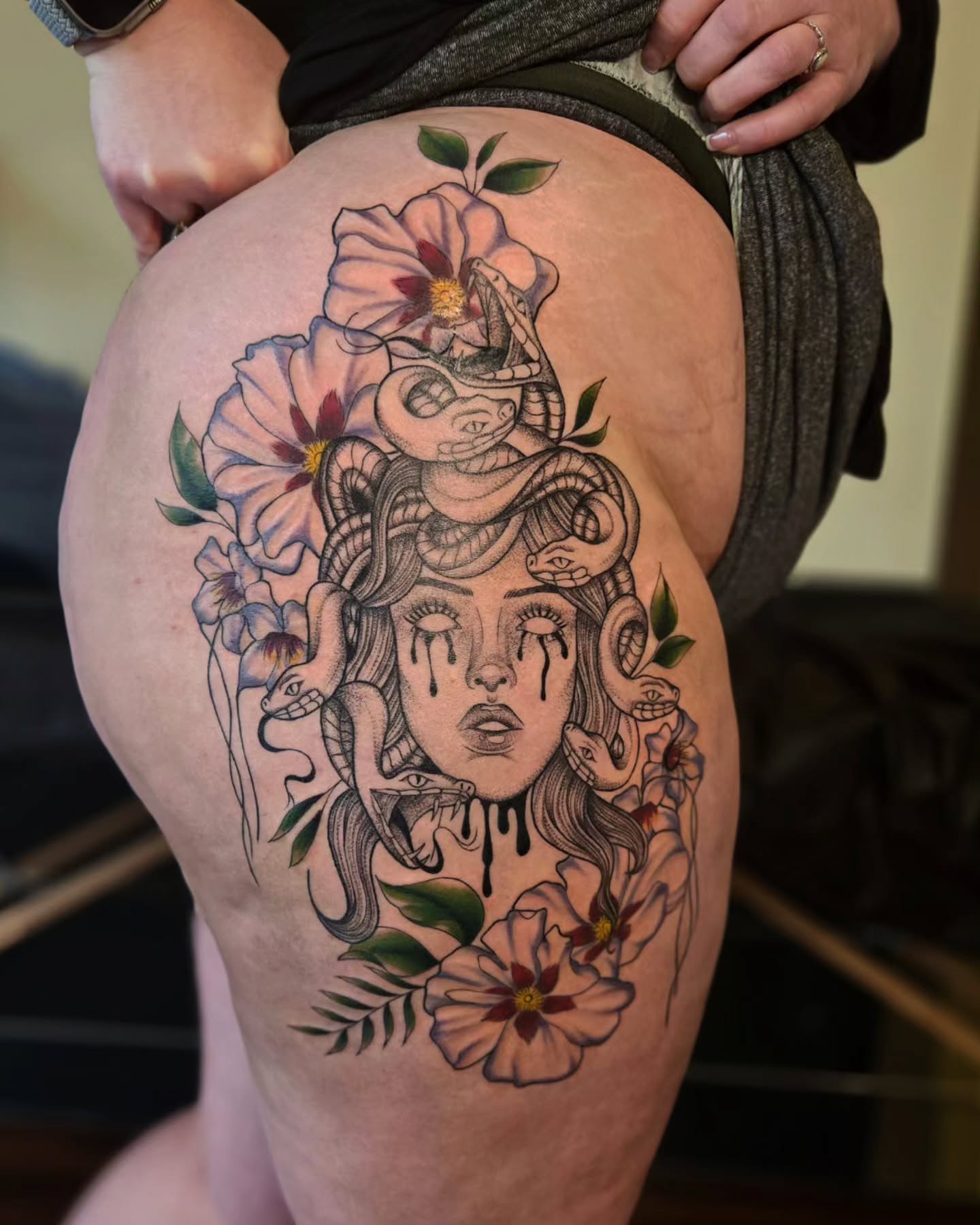 Woman with snakes neo-traditional tattoo on the thigh by jo(rdan)