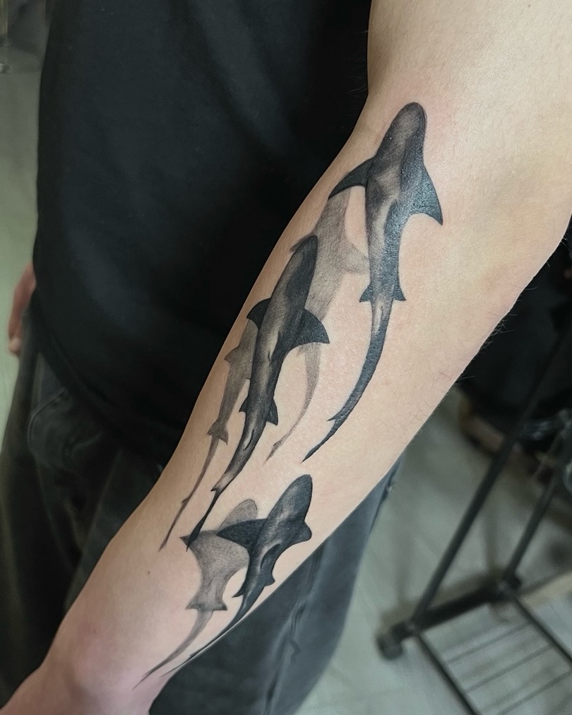 Sharks black and grey tattoo on the forearm by Asap tattoo