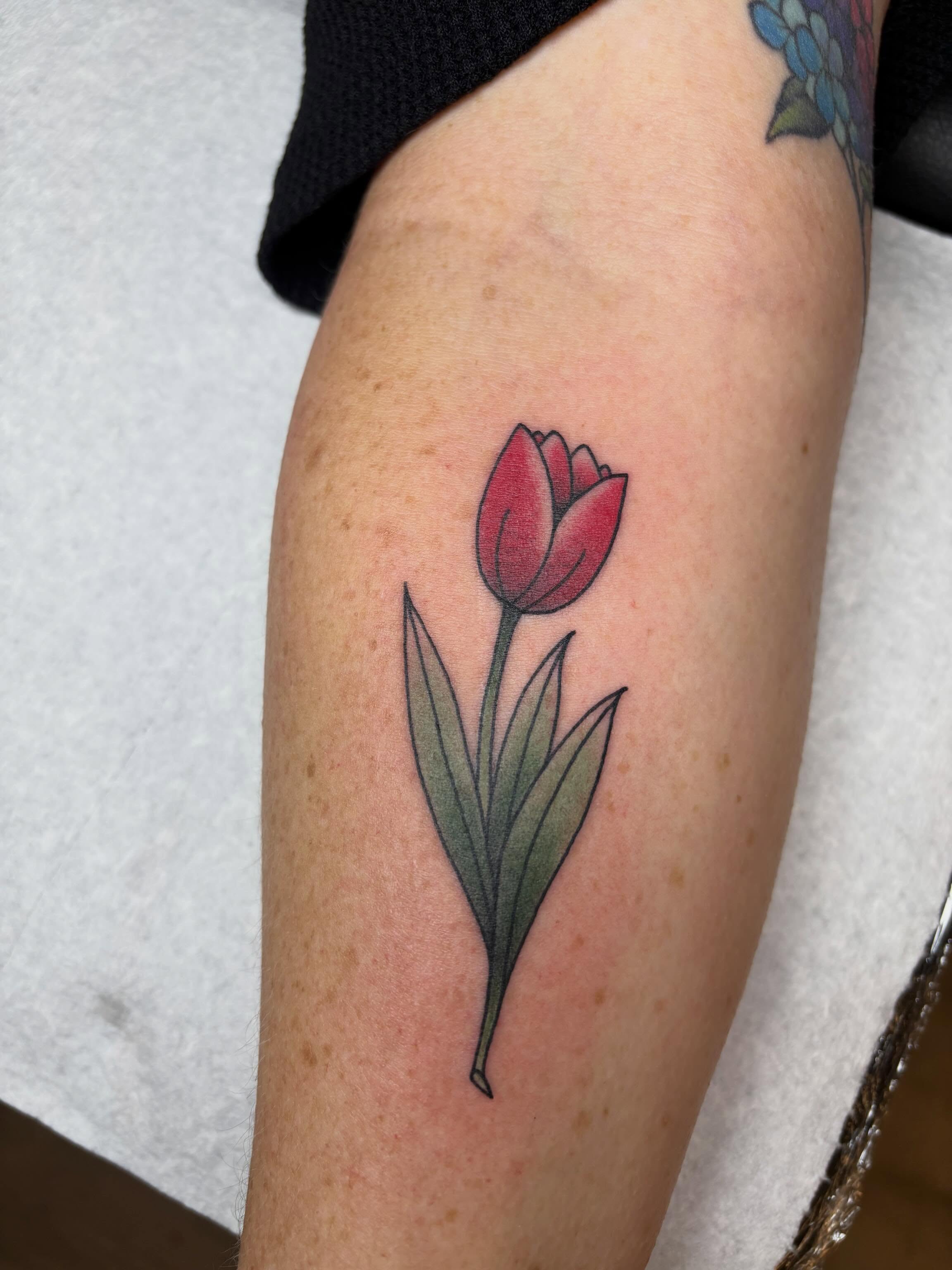 Tulip realism tattoo on the forearm by Malia Clark