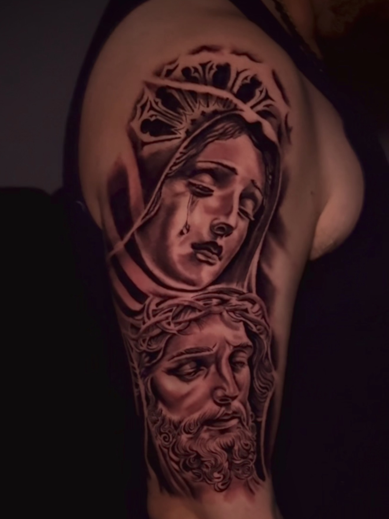 Religious figures realism tattoo on the forearm by Erick @ AZTEC_TATT