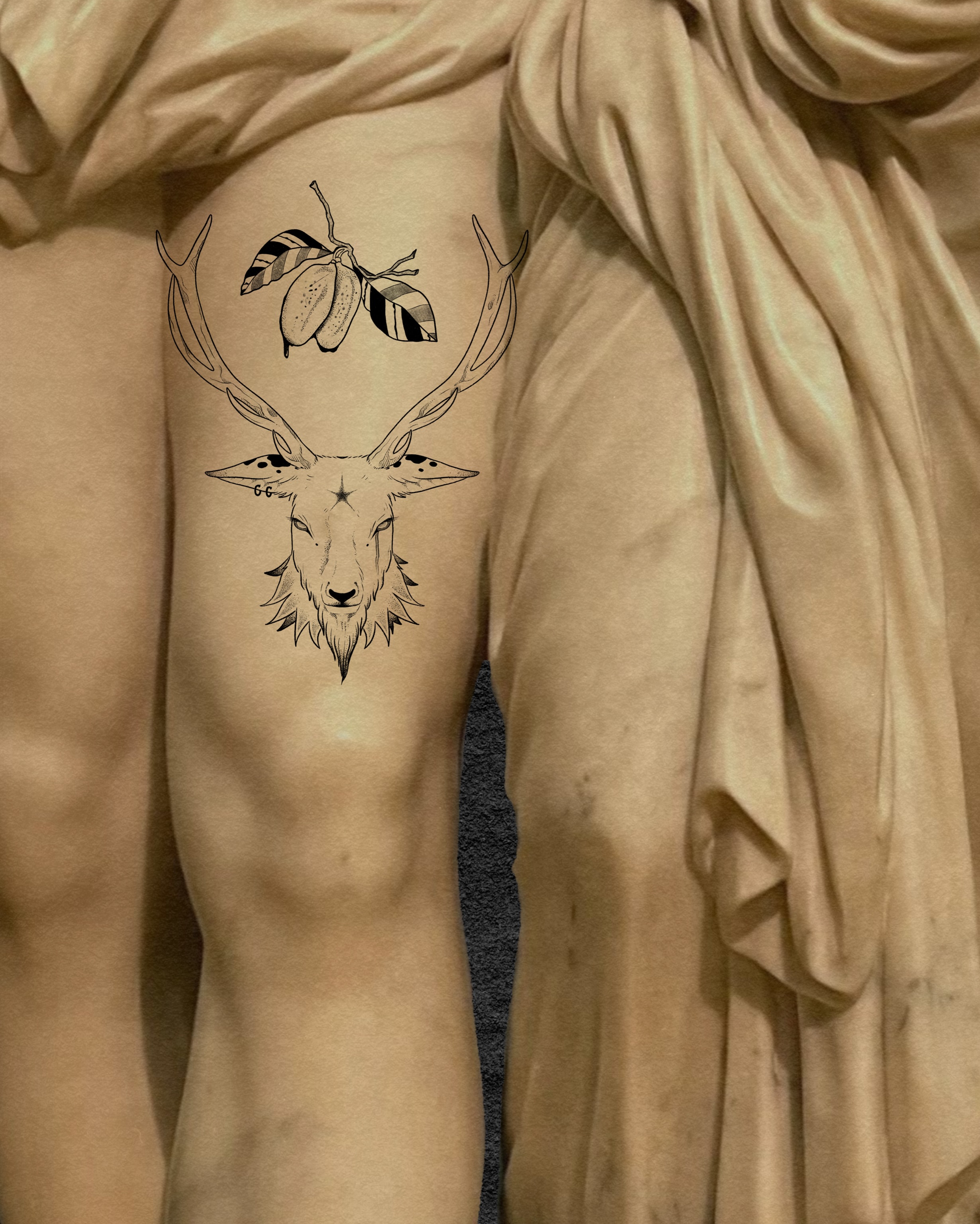 Stag head with leaves black and grey tattoo on the thigh by madison