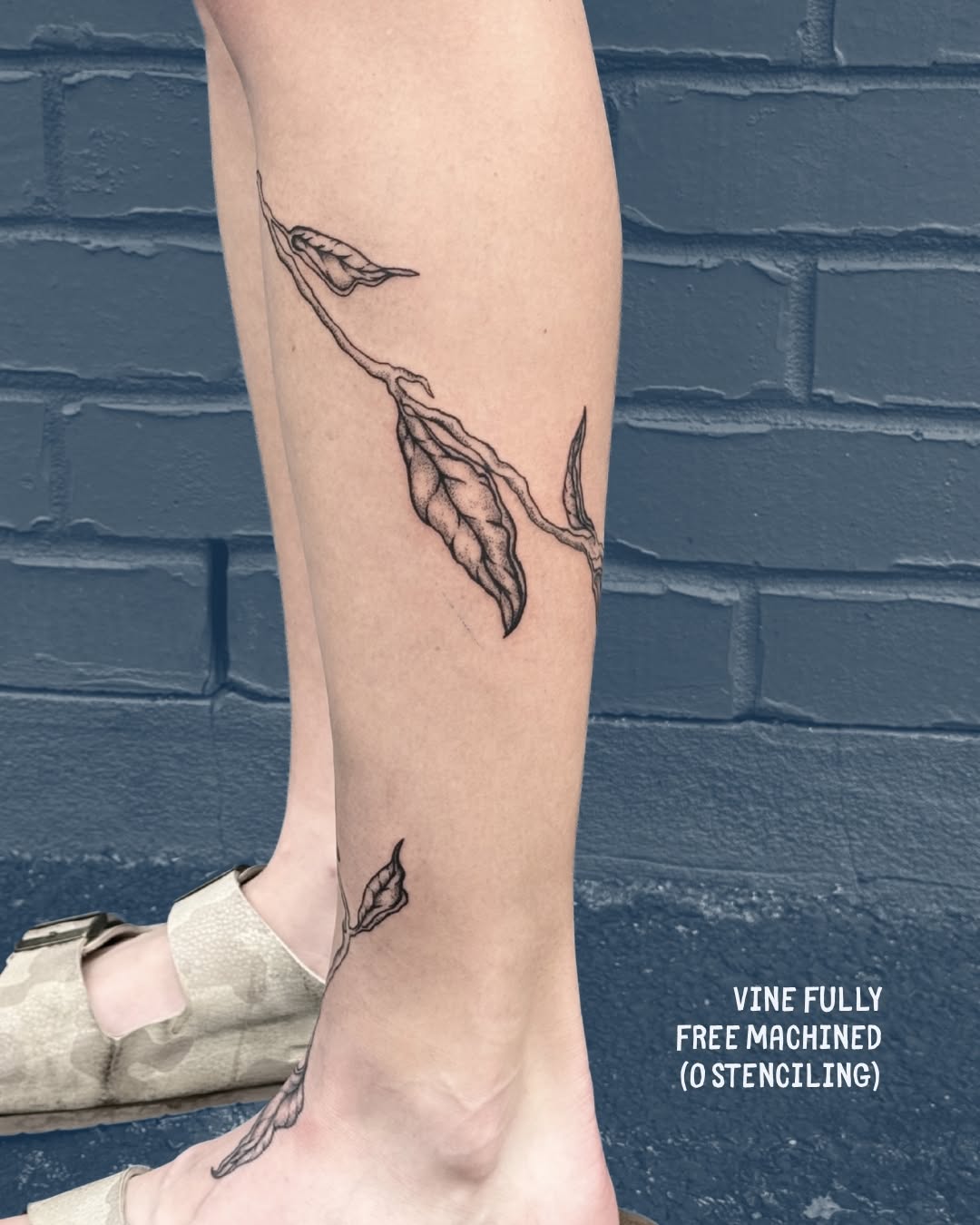 Vine with leaves fine line tattoo on the calf by Bella - Austin Tattoo Artist ₓ˚. ୭