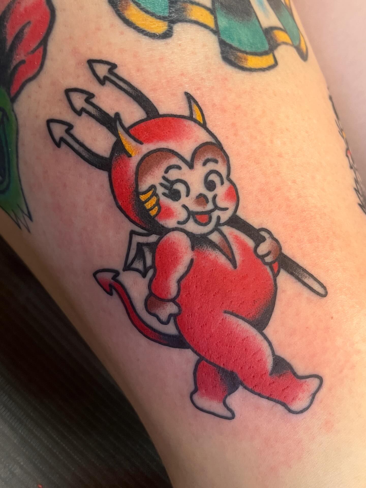Devil character American traditional tattoo on the forearm by Spencer Reisbeck