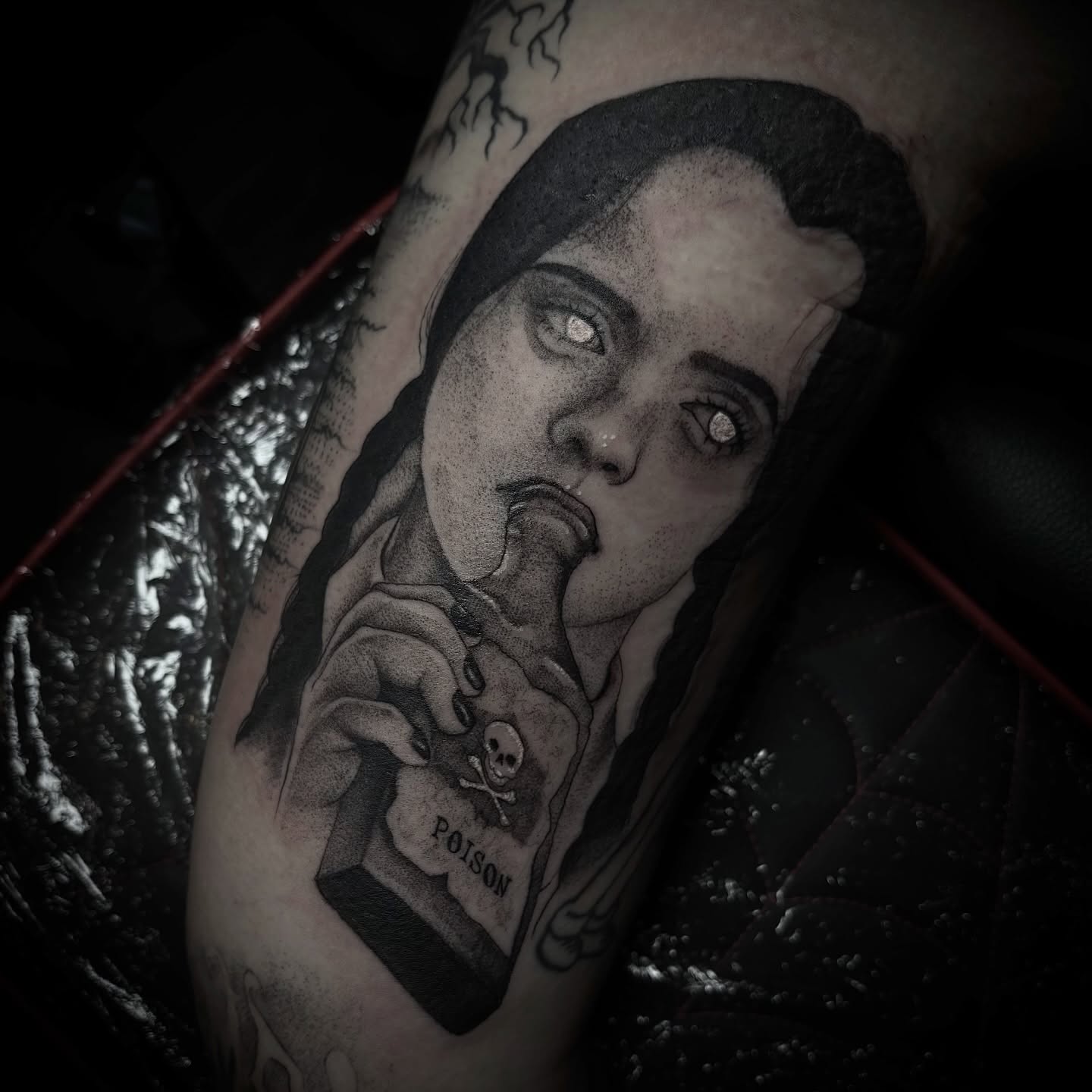 Woman drinking poison dotwork tattoo on the forearm by 𝒜𝓇𝓉 𝒷𝓎 𝒱𝑒 𝒩𝑜𝒸𝓉𝑒𝓂