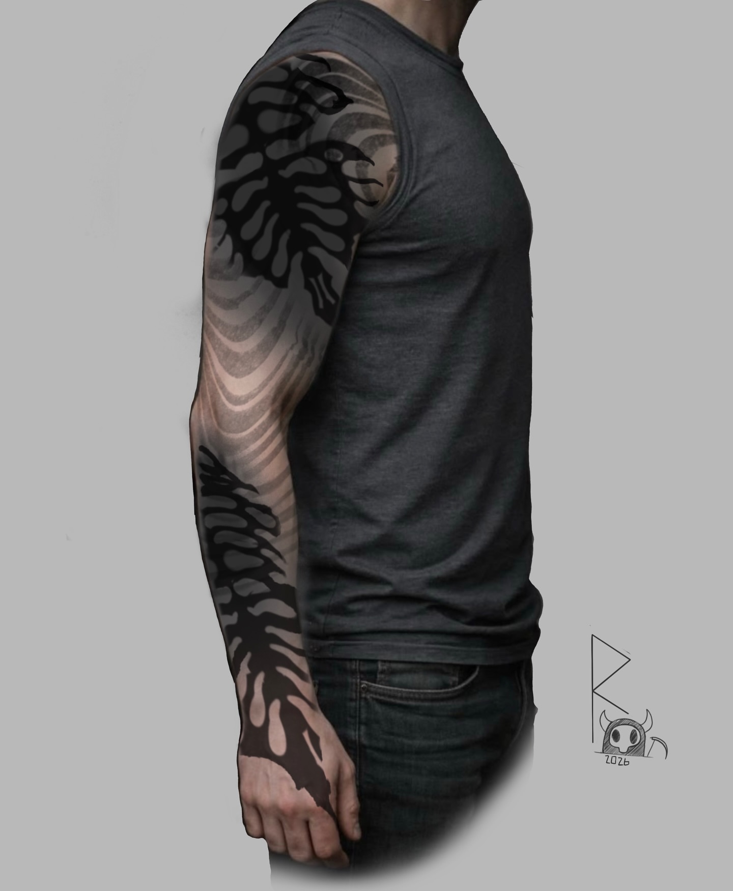 Abstract pattern black and grey tattoo on the upper arm by Rizzie D'Alterio