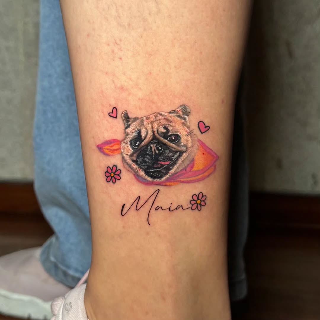 Pug realism tattoo on the calf by Mishel Castro