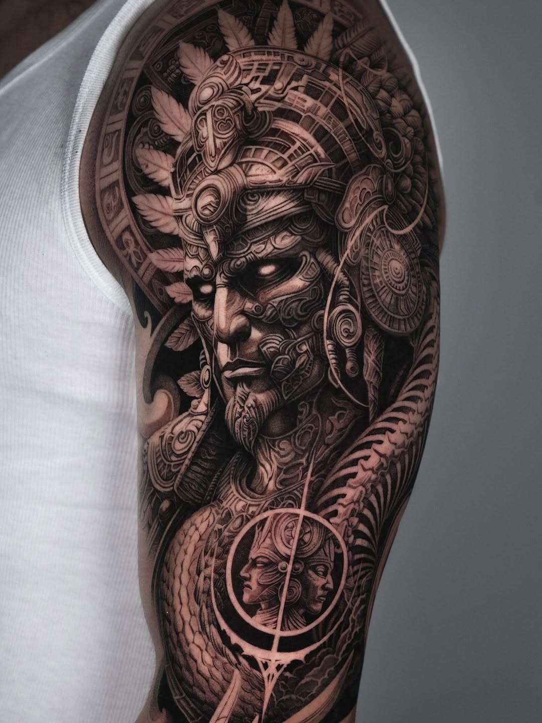 Warrior portrait with geometric elements realism tattoo on the forearm by Sumok Kim
