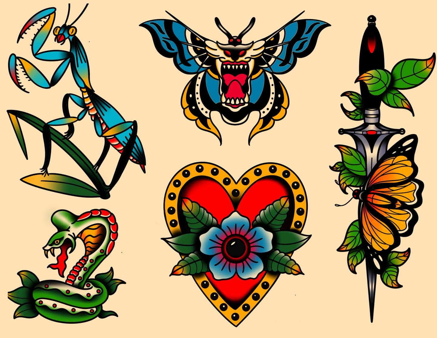 Insect and butterfly American traditional tattoo by Kam