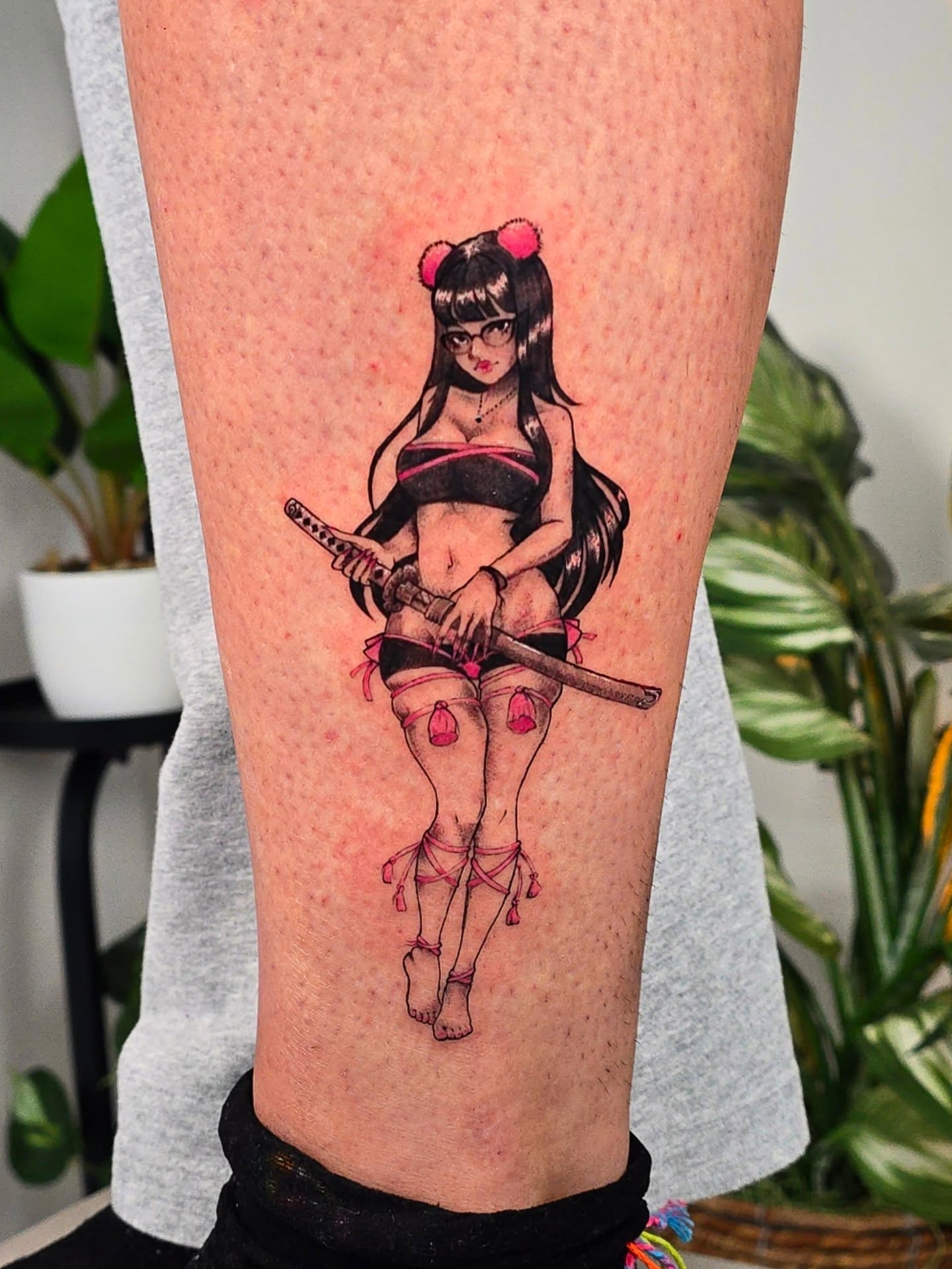 Anime girl with katana anime tattoo on the leg by Scribbles (Teala René), Charlotte, North Carolina