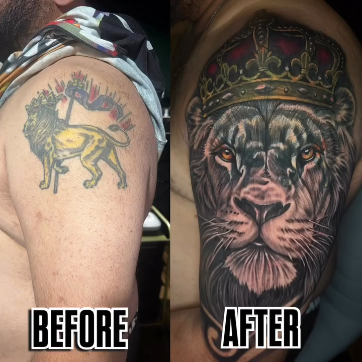 Lion with crown realism tattoo by Monstro Ink Arts Tattoos, Bakersfield, California