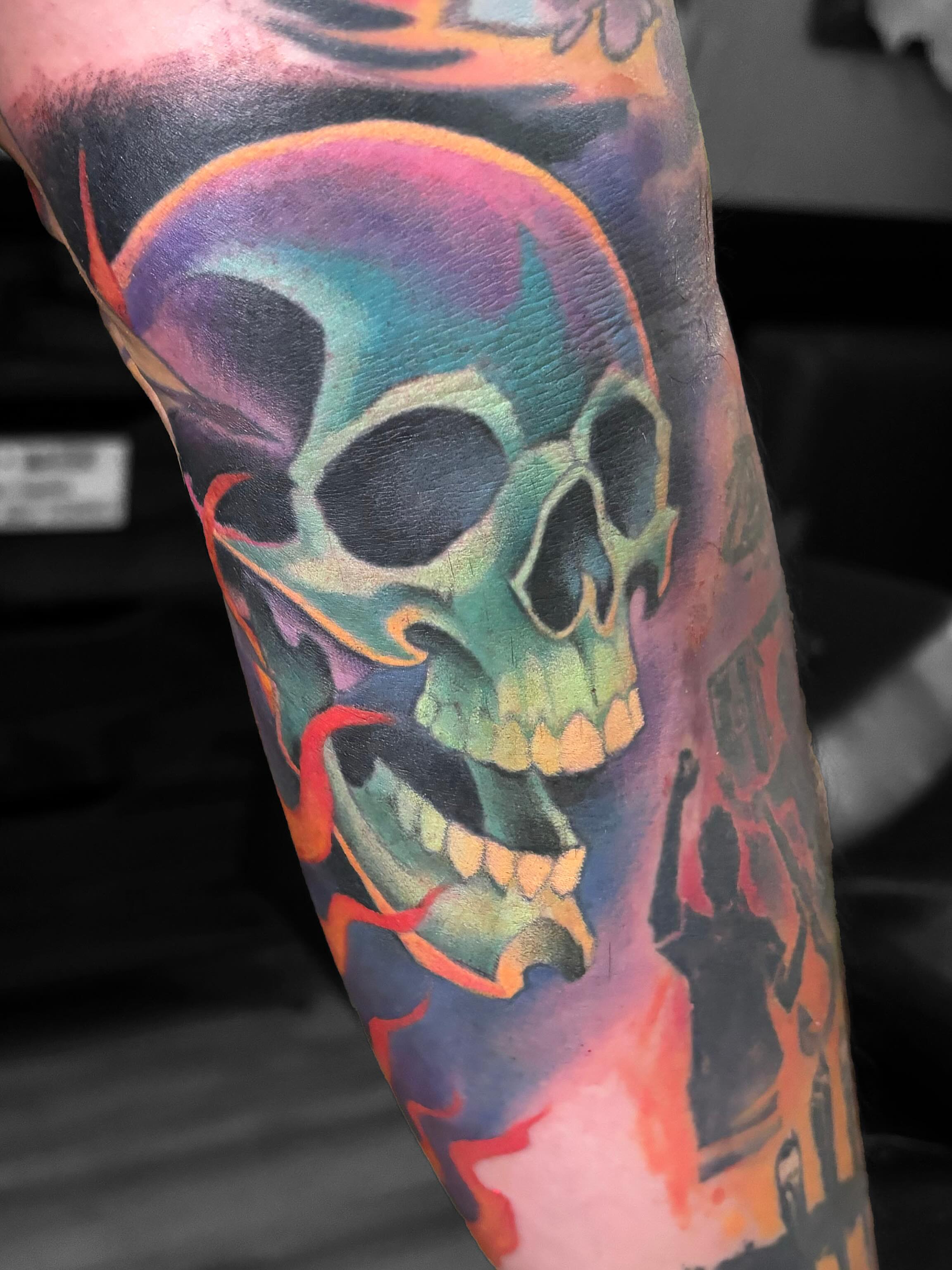Skull realism tattoo on the forearm by Alex