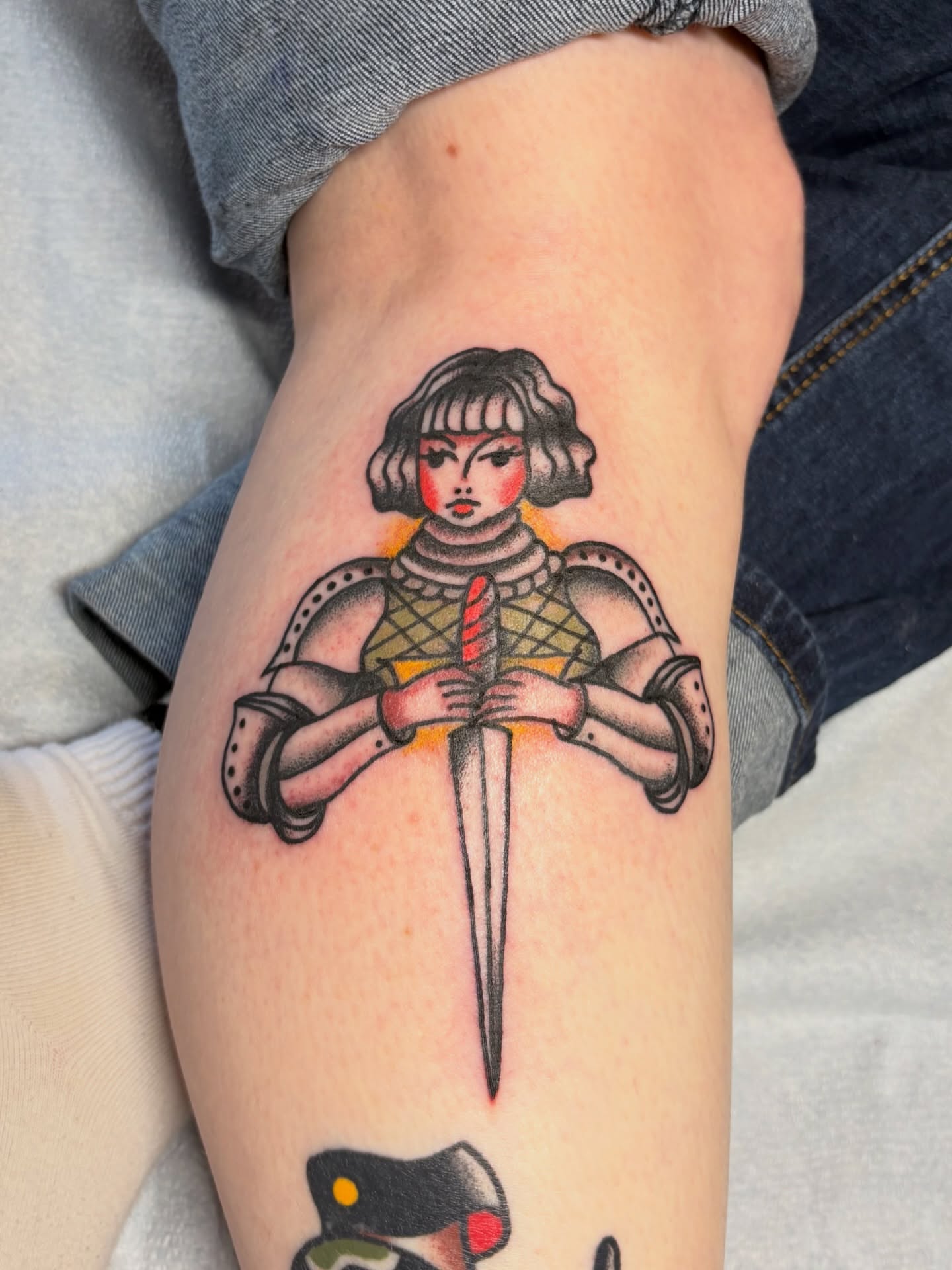 Female knight American traditional tattoo on the thigh by Aysia Mankin-Wong, San Francisco, California