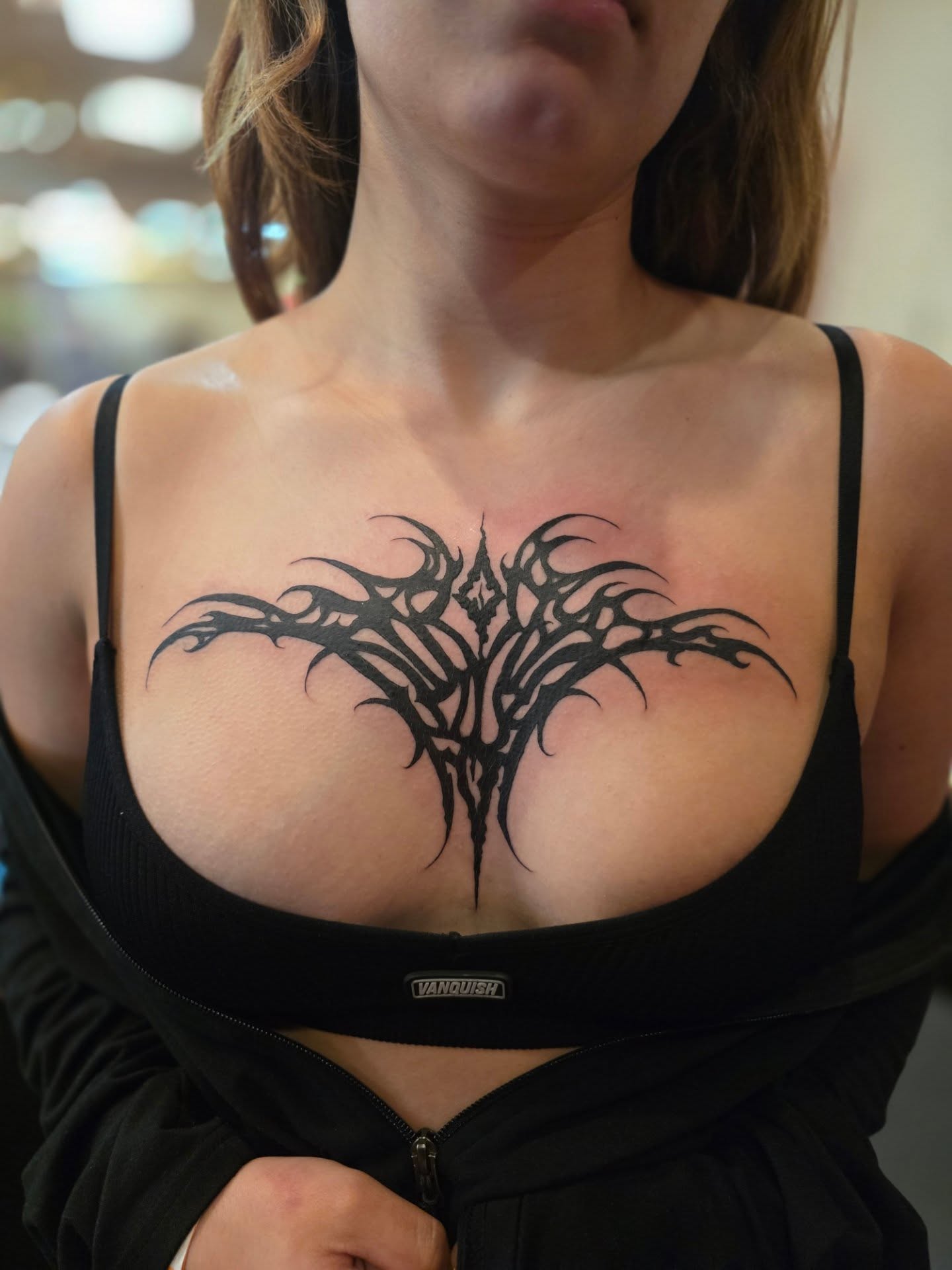 Tribal design tribal tattoo on the chest by Claudia Isabel Roman, El Paso, Texas
