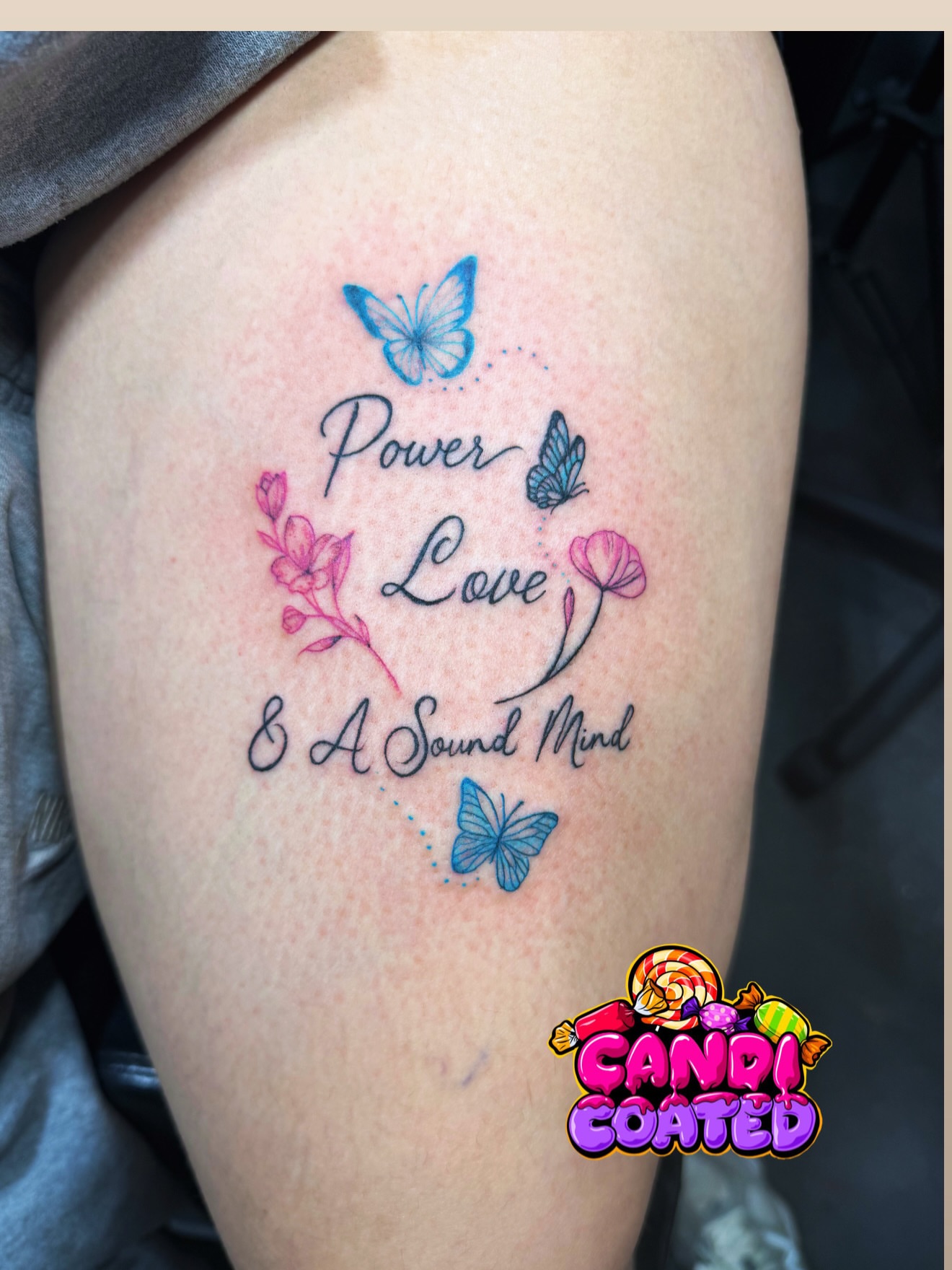 Power, love & a sound mind dotwork tattoo on the thigh by CandiCoatedInk