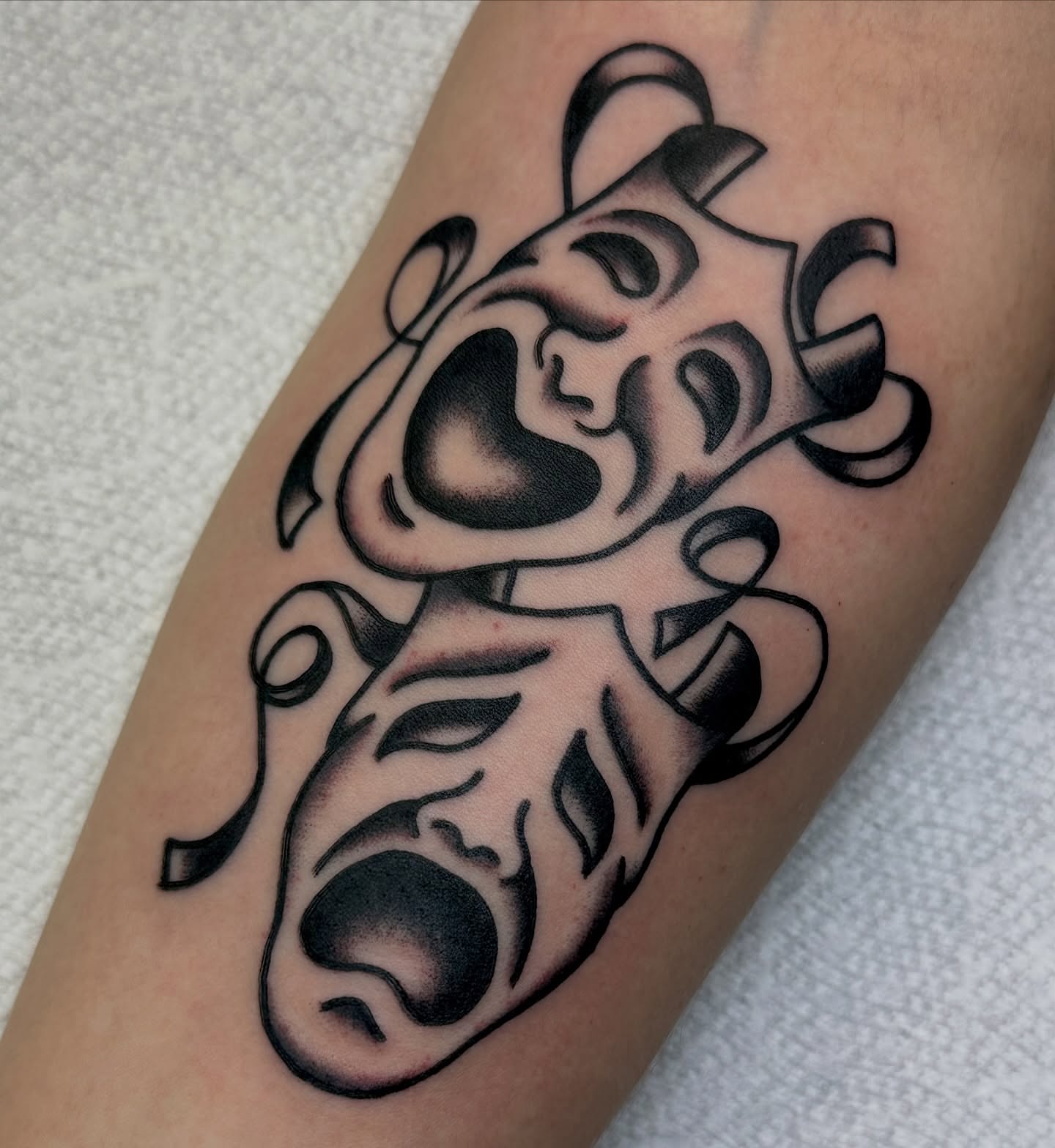 Abstract tiger black and grey tattoo on the forearm by Amanda Bonhomme, Las Vegas, Nevada