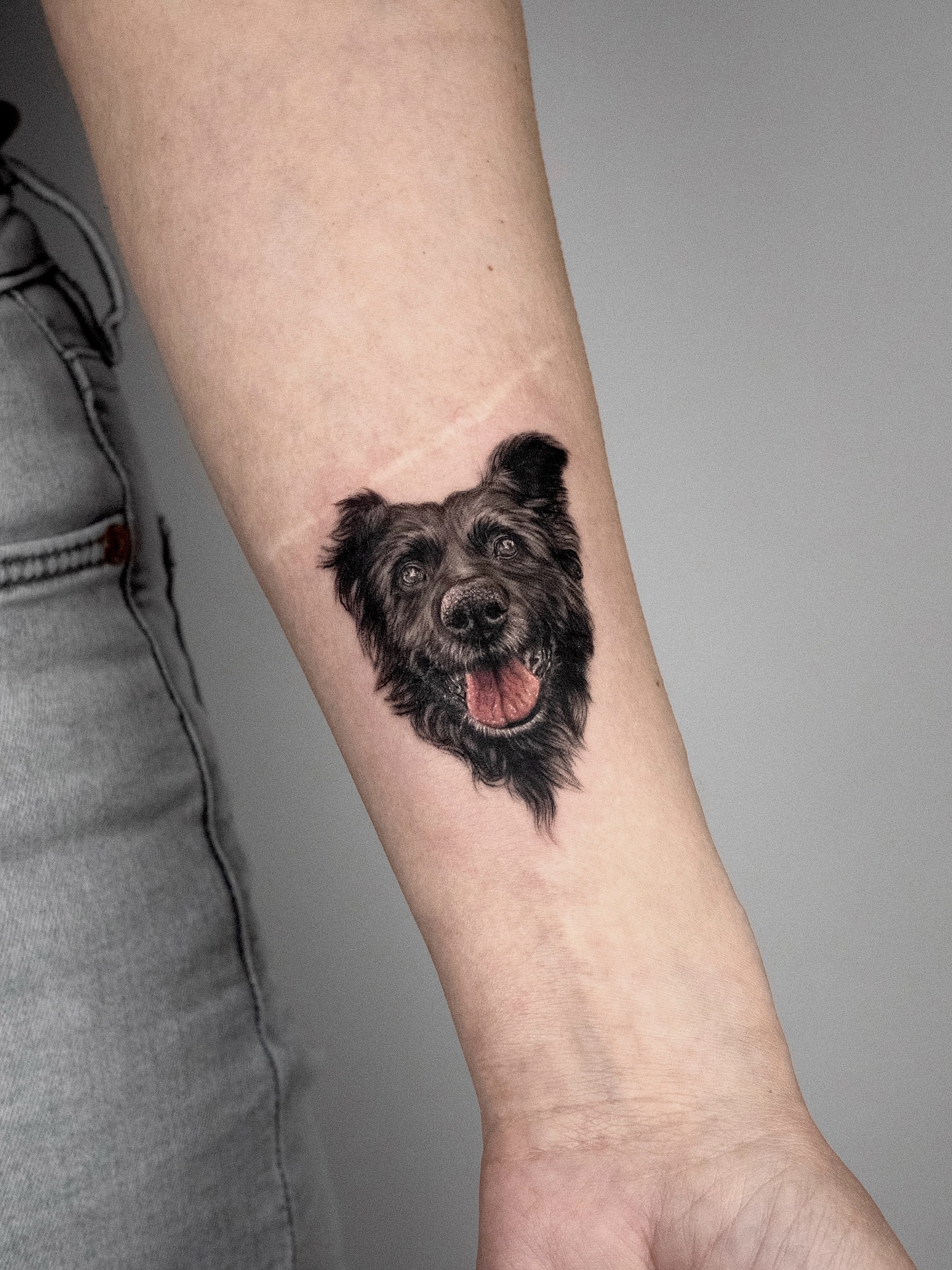 Dog realism tattoo on the forearm by János Bozóki, Budapest, Hungary