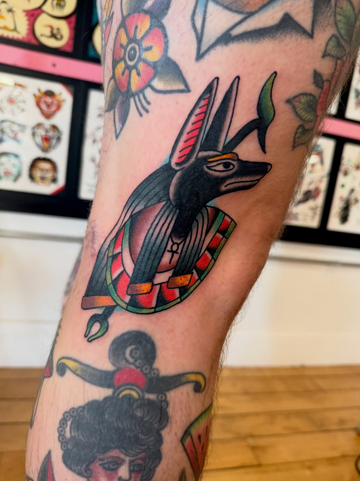 Ancient Egyptian deity American traditional tattoo on the forearm by Steven