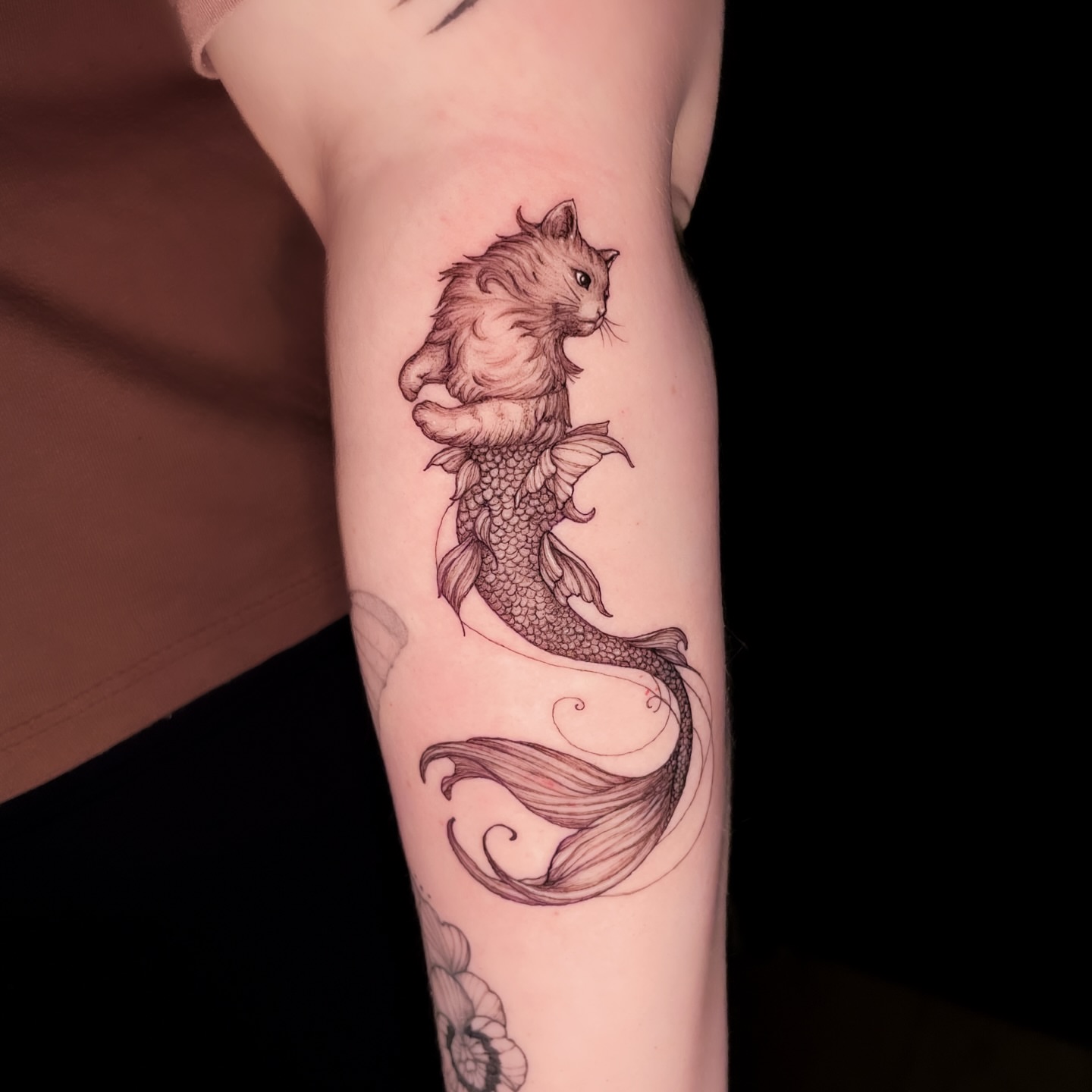 Cat mermaid black and grey tattoo on the forearm by 𝒥𝓊𝓃𝒾𝓅𝑒𝓇 𝒫𝑜𝓈𝓉 (Juju)