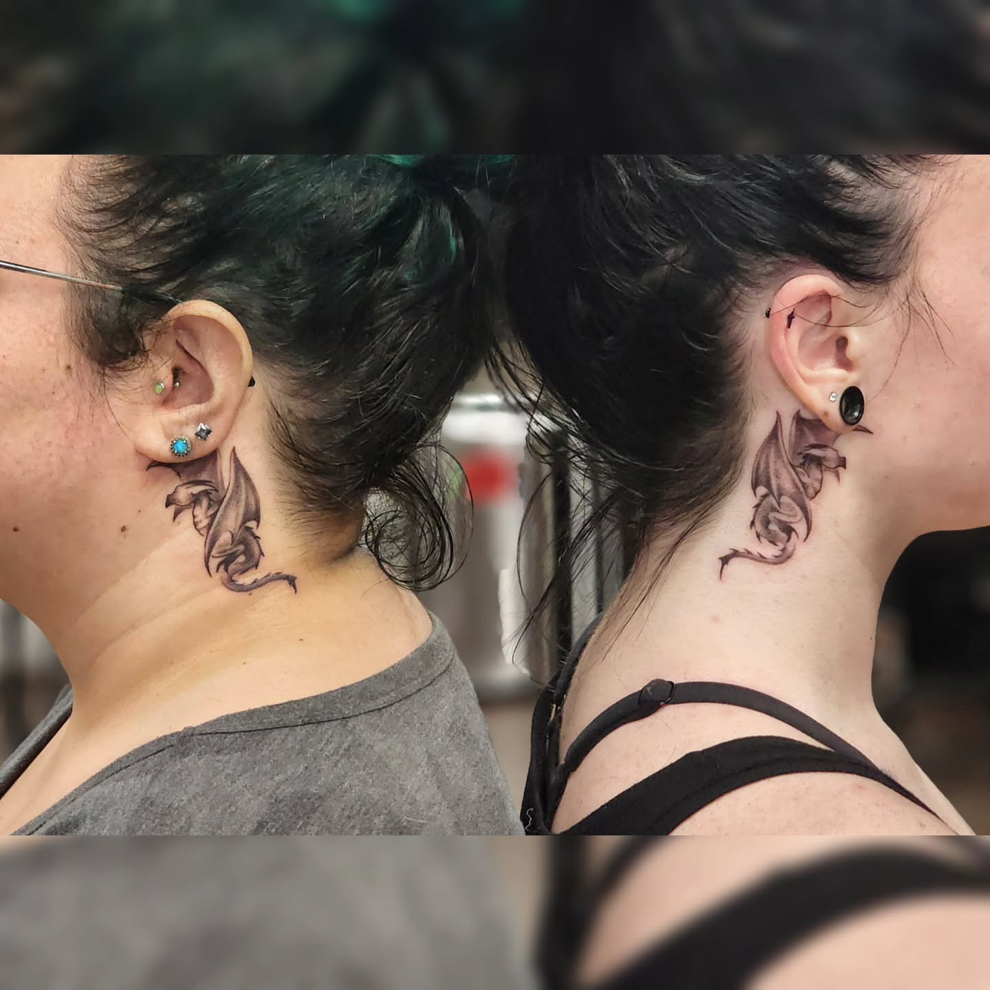 Dragon black and grey tattoo on the neck by Trista Bettfreund (Birdy)