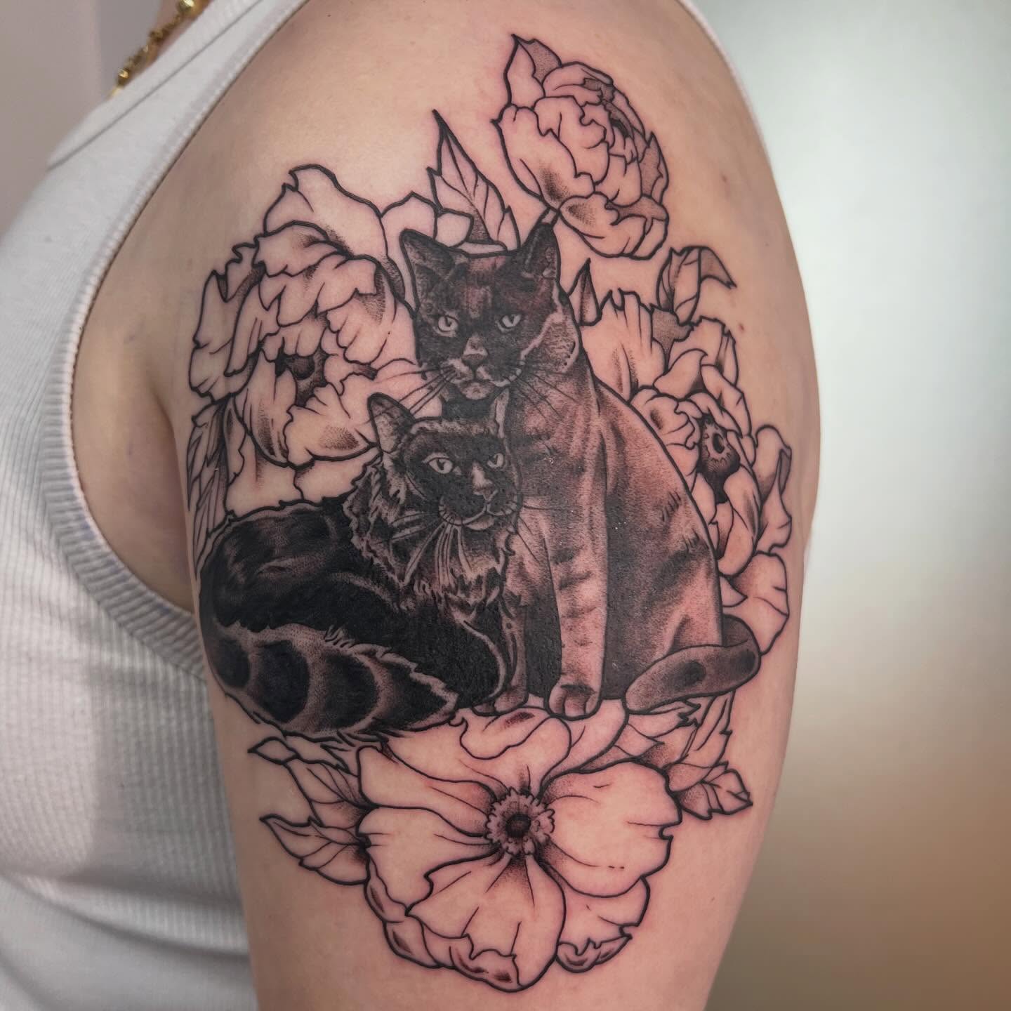 Cats and flowers realism tattoo on the shoulder by 🍄‍🟫🍄Moth🍄🍄‍🟫