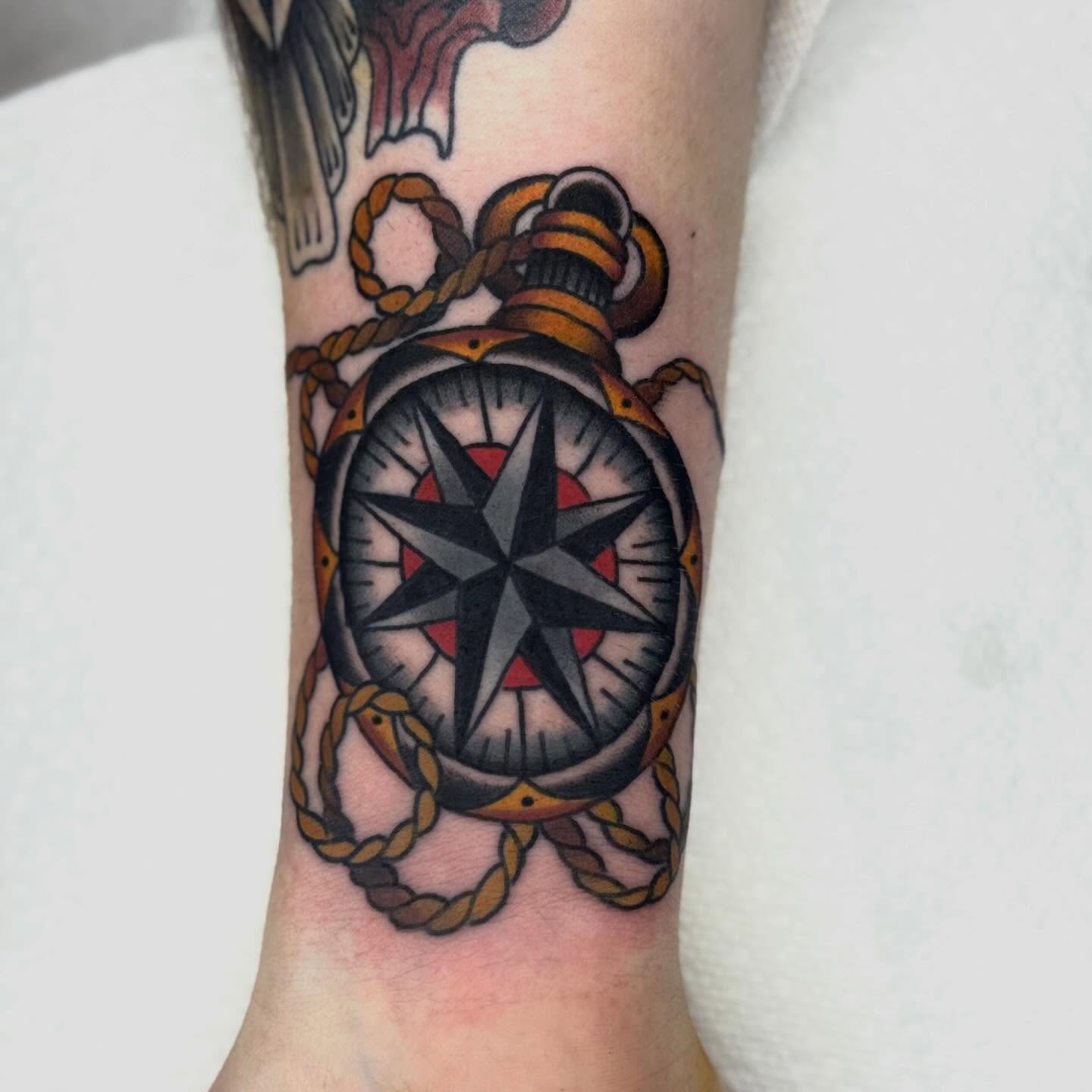 Compass American traditional tattoo on the forearm by Domanick Libretti, Nashville, Tennessee