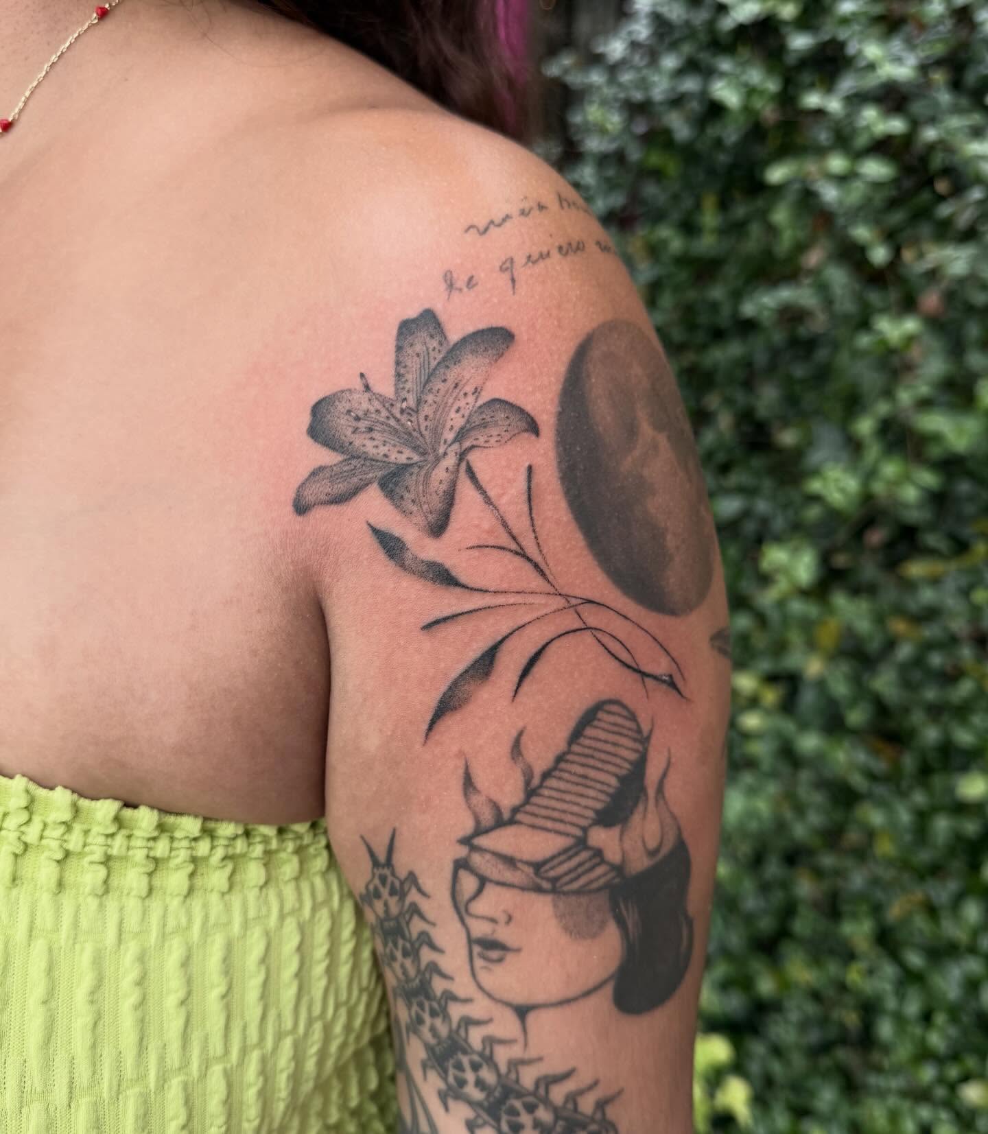 Lily and moon black and grey tattoo on the shoulder by 🗡Addie Kat🗡