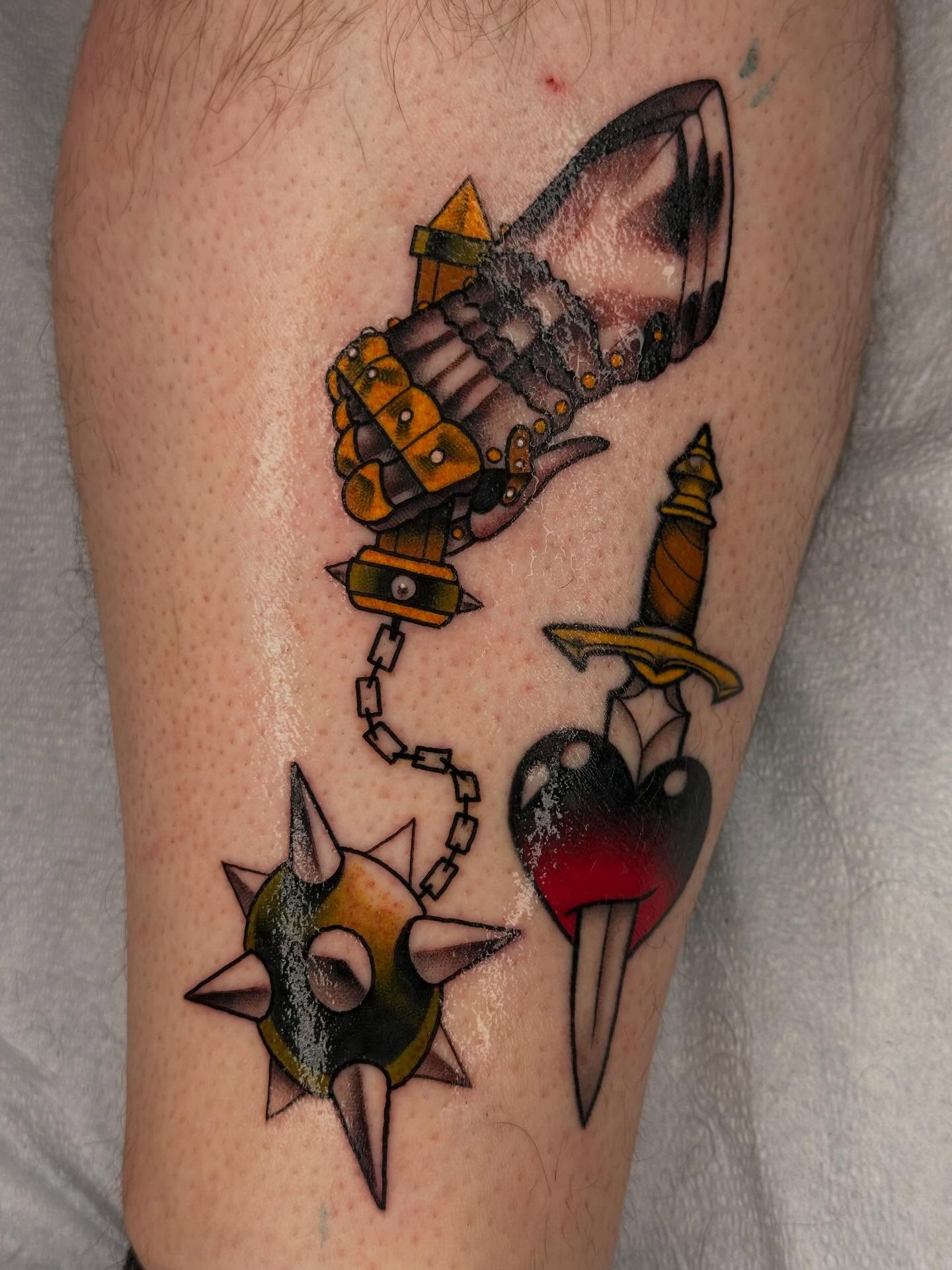 Mech shark American traditional tattoo on the leg by ✨ Mandy Foster - Bremerton Tattoo Artist✨, Bremerton, Washington