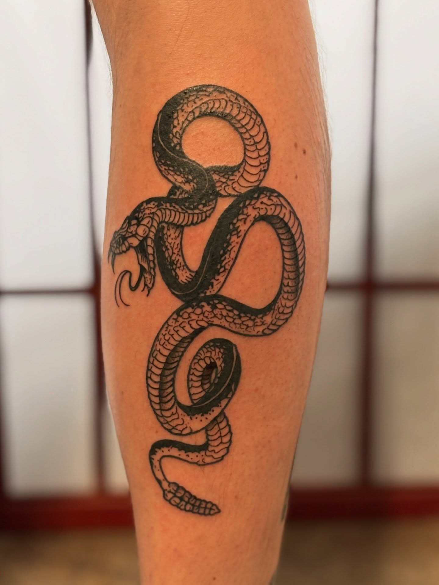 Snake American traditional tattoo on the forearm by CJ