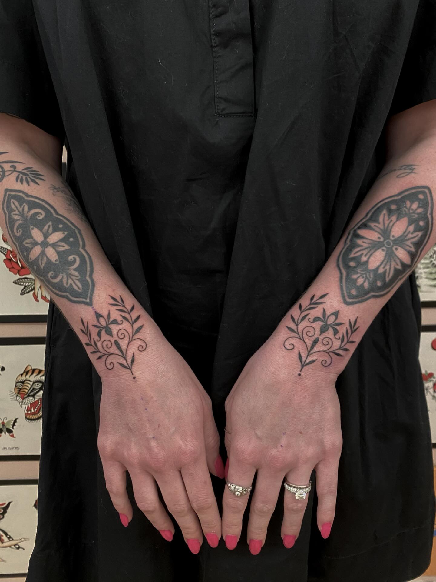 Floral mandala black and grey tattoo on the forearm by Abby Rose Estes