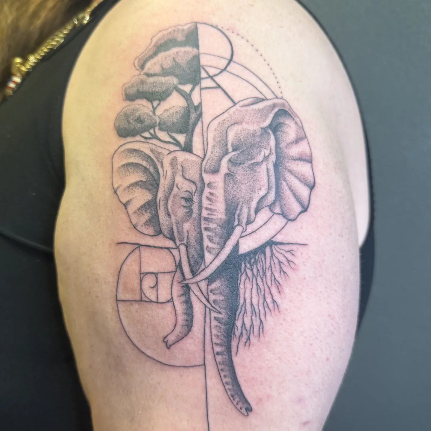 Tattoo by @jermwarfare_tattoos — dotwork, geometric