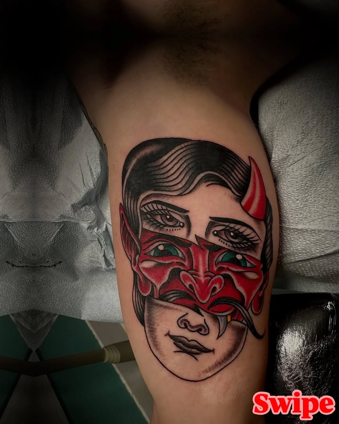 Woman with devil mask neo-traditional tattoo on the forearm by @jose.phinelynch