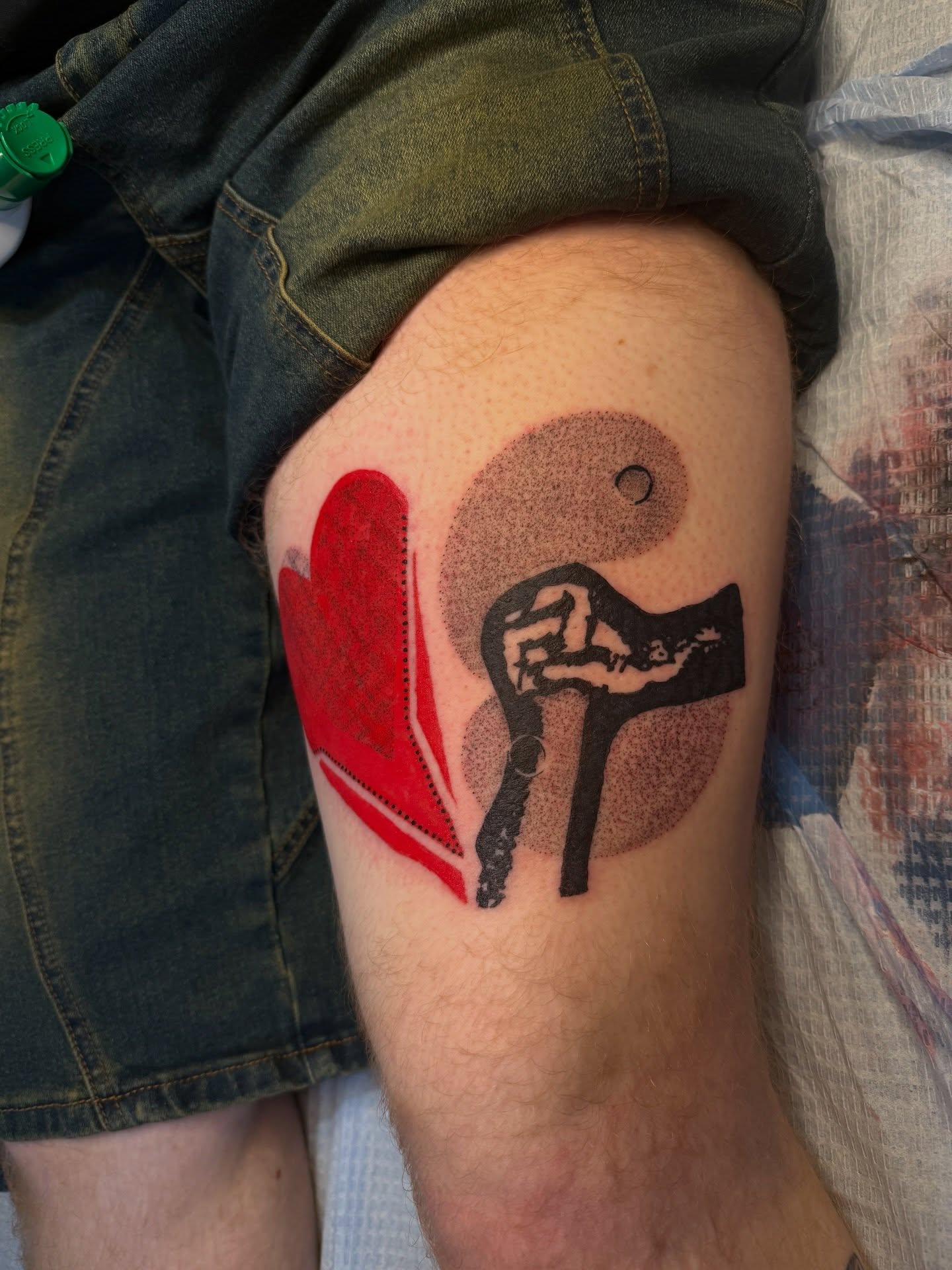 Heart and hammer dotwork tattoo on the thigh by ✧˖° mitch ✧˖°