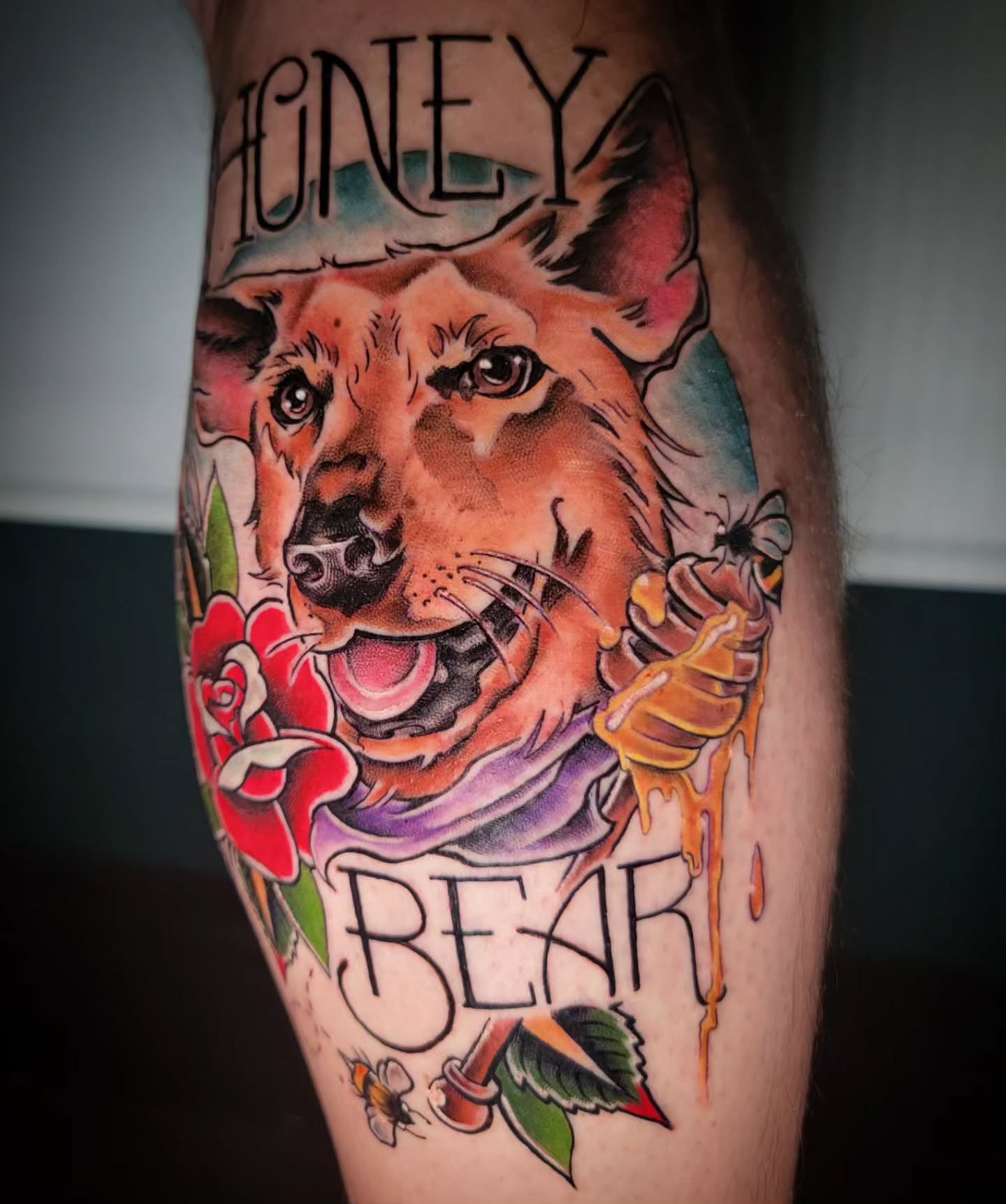 Bear American traditional tattoo on the forearm by Randyz Tattyz