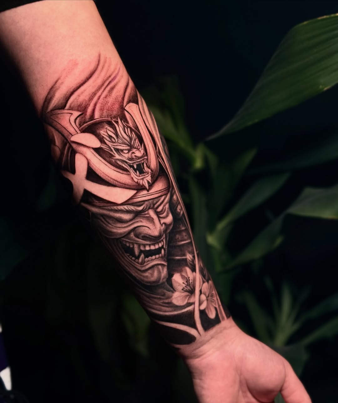 Japanese mask japanese irezumi tattoo on the forearm by Anh Nguyen
