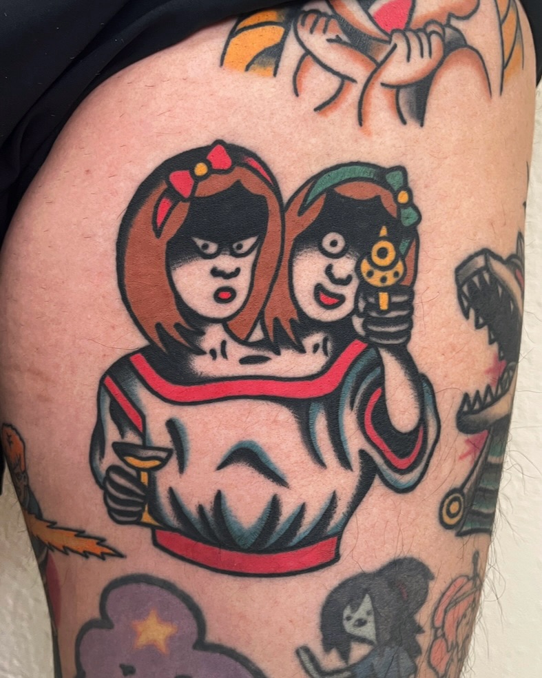 Anime characters American traditional tattoo on the thigh by Tattoo Dust ☻ Los Angeles